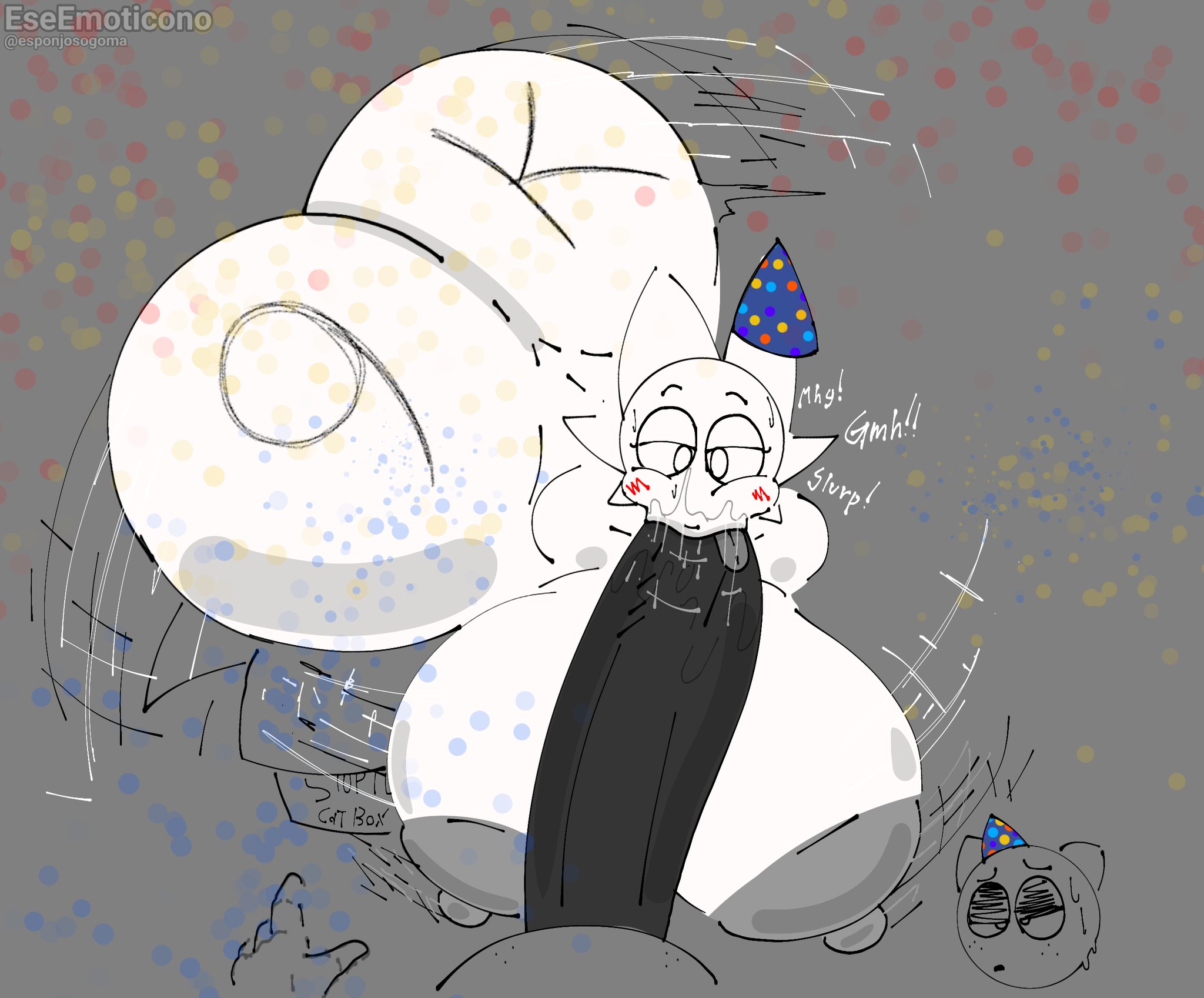 ass bigger than head, big ass, eseemoticono, gray (sprunki), huge ass, party hat, penis in mouth, sprunki, sucking penis, tagme, text, wenda (sprunki)