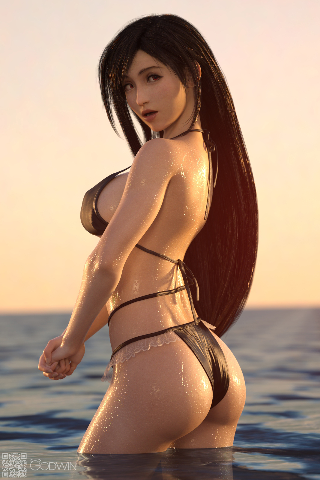 1girl, 1girls, 3d, ass, back, back view, beach, bikini, bikini bottom, bikini top, black hair, breasts, brown hair, butt, butt cheeks, butt focus, buttocks, cute, cute face, ecchi, female, final fantasy, final fantasy vii, final fantasy vii rebirth, final fantasy vii remake, fit female, godwin, large breasts, light skin, light-skinned female, long hair, looking back, looking over shoulder, neroxliv, ocean, pinup, ponytail, ponytail female, red eyes, safe for work, sfw, sideboob, swimming, swimsuit, tagme, tifa lockhart, wet, wet body, wet skin