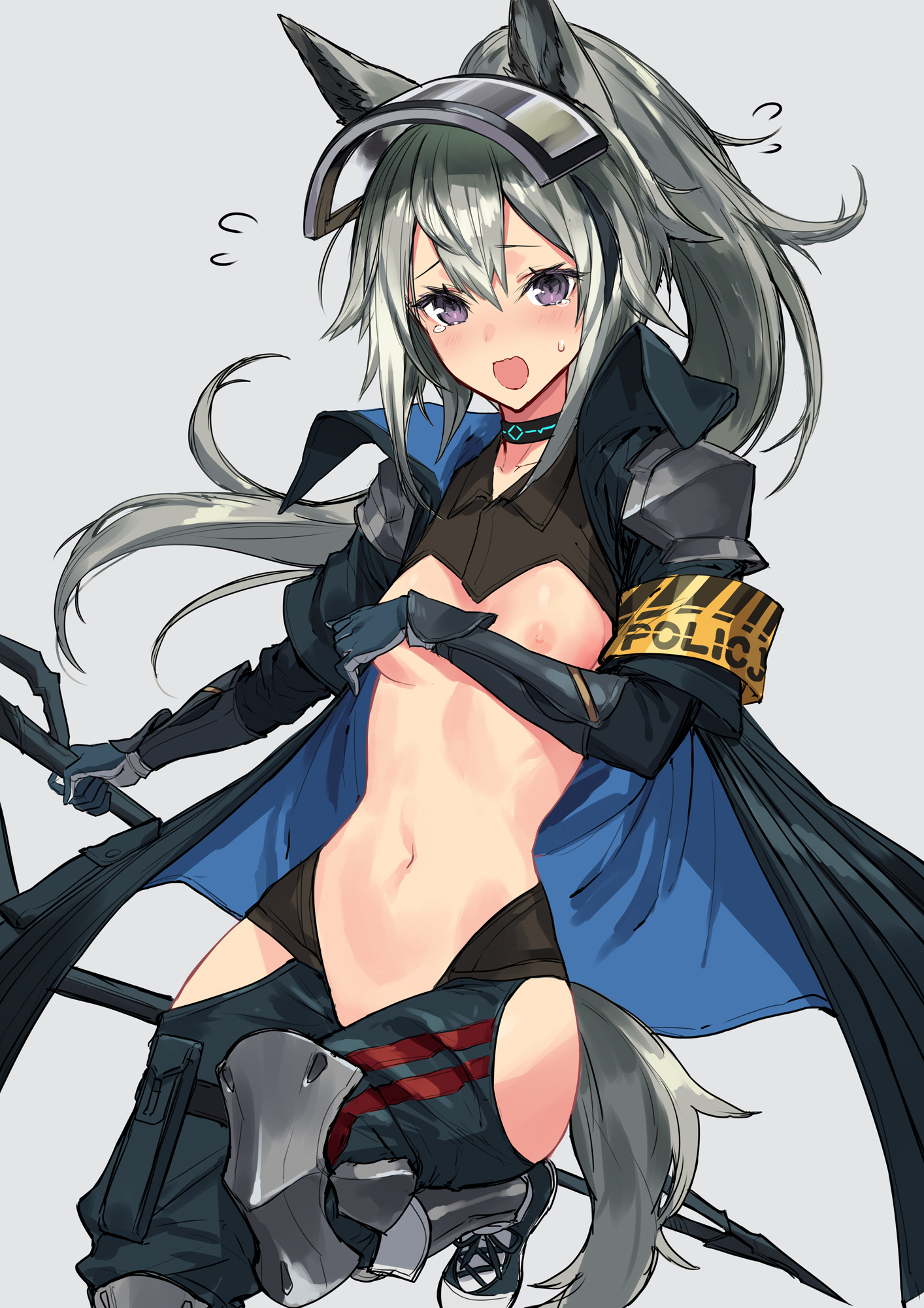 1girls, accidental exposure, animal ears, areolae, arknights, blush, breasts, choker, covered nipples, covering, embarrassed, exposed breasts, female, grani (arknights), grey hair, hair between eyes, helmet, long hair, navel, nipples, open mouth, purple eyes, sigm@, small breasts, solo female, tears, uniform