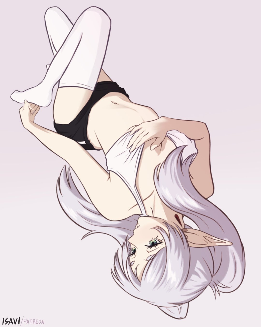 1girls, 2d, 2d (artwork), 2d artwork, adult, adult female, anime, anime character, ankles, background, belly, belly button, black shorts, blank background, breasts, calves, caressing breasts, collarbone, digital, digital art, digital drawing, digital drawing (artwork), digital media, digital media (artwork), drawing, earrings, elf, elf ear, elf ears, elf female, elf girl, fanart, feet, female, female elf, female focus, female only, female protagonist, fingernails, fingers, fondling, fondling breasts, fondling own breast, fondling self, frieren, from above, full body, full body view, gilf, grandma, granny, green eyes, green-eyed female, grope, groping, groping breast, groping breasts, groping chest, groping own breast, groping own breasts, groping self, hand on breast, hand on chest, hand on foot, hand on own breast, hand on own chest, hand on own foot, hands on breasts, hands on chest, hands on own breasts, hands on own chest, head tilt, high-angle shot, isavi, knee up, knees, lean figure, legs, legwear, long hair, lying, lying down, lying on back, lying on floor, lying on ground, madhouse, mature, mature female, midriff, monotone background, narrow waist, navel, old female, on back, on floor, one color background, parted bangs, petite, petite body, petite breasts, petite female, petite girl, petite tits, plain background, pointy ears, portrait, profile, self fondle, self grope, shorts, shoulders, slender body, slender waist, slim female, slim waist, small boobs, small breasts, small tits, solid color background, solo, sousou no frieren, stockings, tank top, thigh highs, thighhighs, thighs, tilted head, tiny breasts, tiny tits, topwear, touching breast, touching breasts, touching chest, touching foot, viewed from above, white background, white hair, white legwear, white stockings, white tank top, white thigh highs, white thighhighs, white topwear, white-haired female