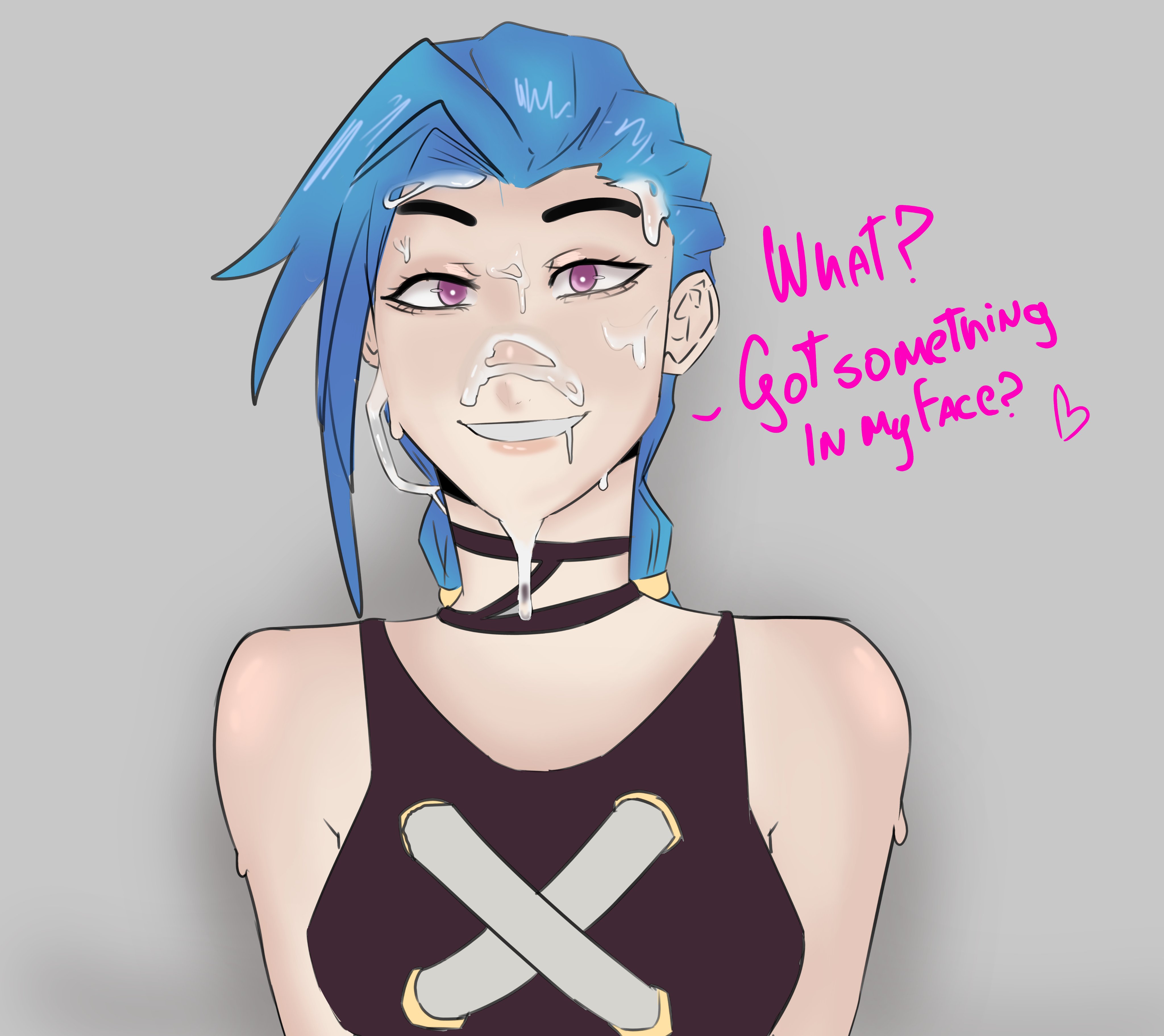 arcane, arcane jinx, azazelinp, blue hair, braids, clothed, covered in cum, cum on face, cum on upper body, facial, jinx (league of legends), lewd, long hair, no penetration, pigtails, pink eyes, purple eyes, smiling, smirking, suggestive