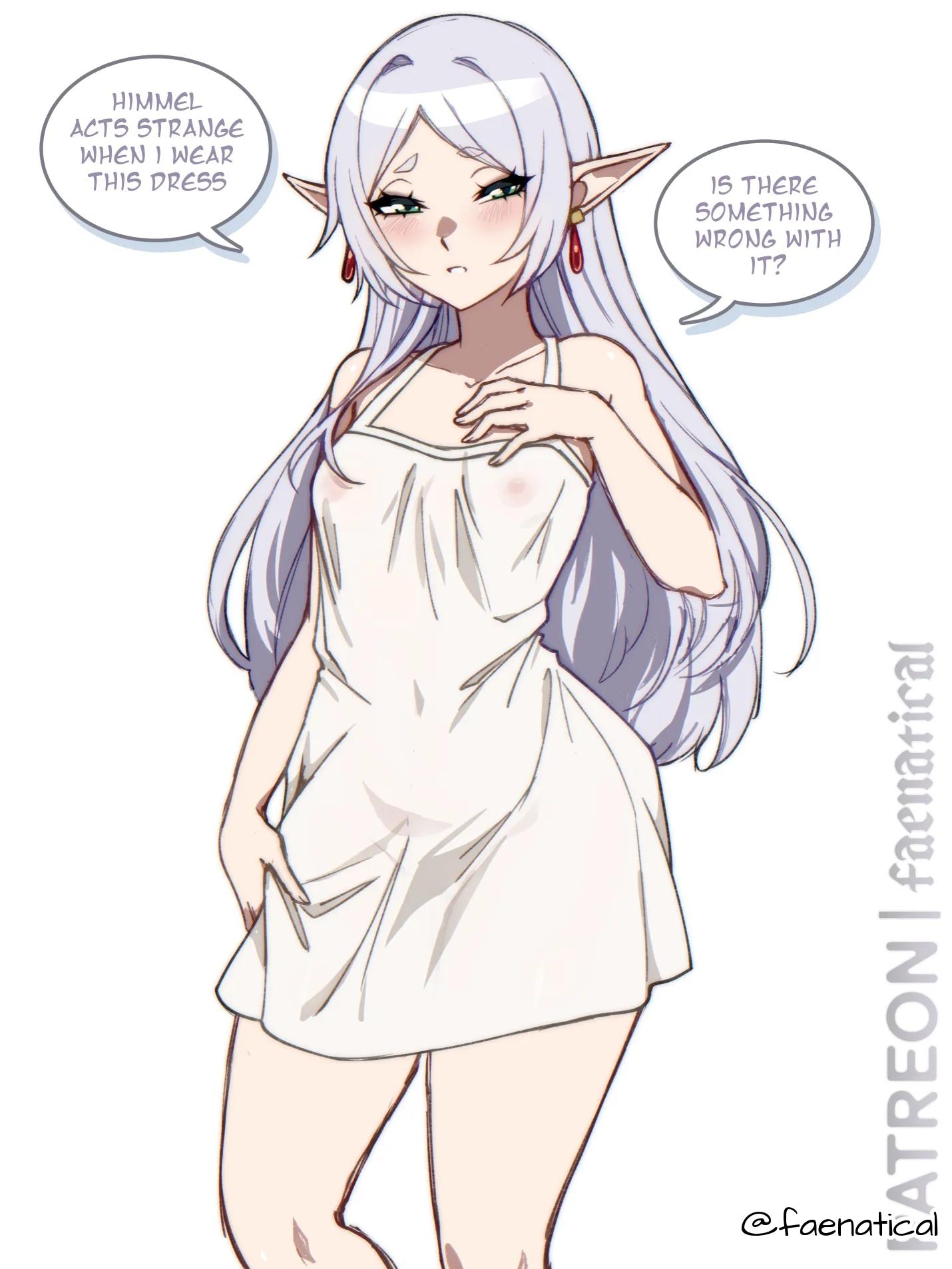 1girls, 2d, 2d (artwork), 2d artwork, adult, adult female, anime, anime character, areola, areola slip, areolae, areolae slip, ashamed, background, blank background, blush face, blush lines, blushing, blushing female, breasts, clothes, collarbone, curvaceous, curvaceous body, curvaceous female, curvaceous figure, curvaceous hips, curvy, curvy body, curvy female, curvy figure, curvy hips, dialogue, dialogue bubble, dialogue bubbles, dialogue speech bubble, digital, digital art, digital drawing, digital drawing (artwork), digital media, digital media (artwork), drawing, dress, earrings, elbows, elf, elf ear, elf ears, elf female, elf girl, embarrassed, embarrassed expression, embarrassed female, english, english dialogue, english text, eyebrows visible through hair, faenatical, fanart, female, female focus, female only, female protagonist, fingernails, fingers, flushed, flushed face, flustered, flustered female, frieren, gilf, grandma, granny, green eyes, green-eyed female, hand on chest, hand on leg, hand on own chest, hand on own leg, hand on own thigh, hand on thigh, lean figure, long hair, looking at viewer, madhouse, mature, mature female, monotone background, narrow waist, nipples, old female, one color background, outfit, parted bangs, pink areola, pink areolae, pink nipples, plain background, pointy ears, portrait, posing, posing for the viewer, shoulders, slender body, slender waist, slim female, slim waist, small boobs, small breasts, small tits, solid color background, solo, sousou no frieren, speaking, speaking to viewer, standing, talking, talking to viewer, text, text bubble, thighs, tiny breasts, tiny tits, topwear, touching chest, touching leg, touching thigh, upper body, white background, white clothes, white dress, white hair, white outfit, white topwear, white-haired female, wide hips