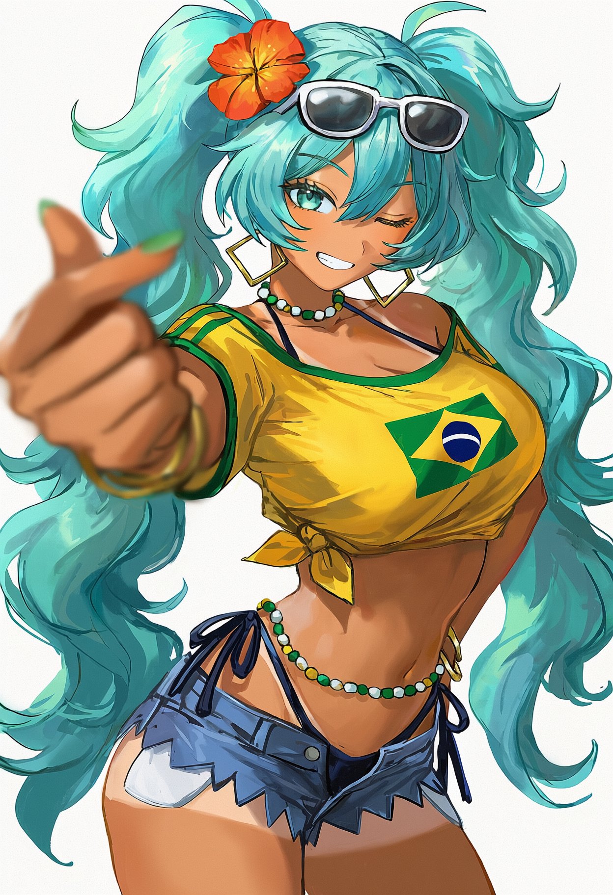 1girls, aqua eyes, aqua hair, bikini, bikini under clothes, brazilian miku, breasts, cowboy shot, denim, denim shorts, eyewear on head, flower, foreshortening, grin, hair flower, hair ornament, hatsune miku, jewelry, long hair, looking at viewer, navel, necklace, one eye closed, open fly, outstretched arm, pointing, pointing at viewer, shiny, shirt, short shorts, shorts, smile, solo, sunglasses, swimsuit, tan, tanline, tied shirt, toned, twintails, very long hair, vocaloid