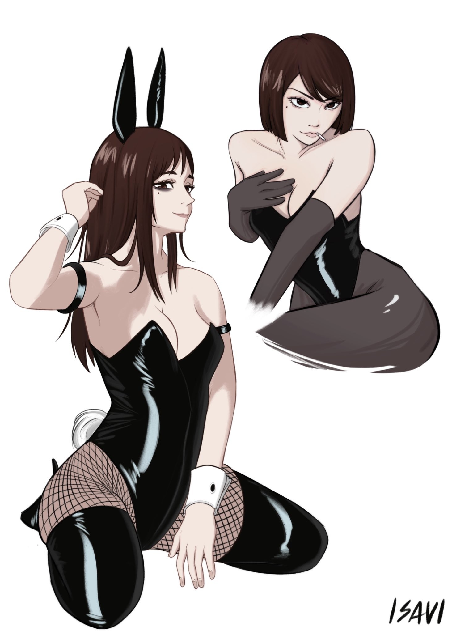 1girls, 2d, 2d (artwork), 2d artwork, adult, adult female, anime, anime character, armband, armpit, armpit crease, armpit peek, armpits, average breasts, background, black armband, black bunny ears, black bunnysuit, black legwear, black leotard, black stockings, black thigh highs, black thighhighs, black topwear, blank background, breasts, brown eyes, brown hair, brown-eyed female, brown-haired female, bunny costume, bunny ears, bunny tail, bunnygirl, bunnygirl outfit, bunnysuit, cleavage, closed mouth smile, collarbone, covering, covering breast, covering breasts, covering chest, covering nipples, covering one breast, covering one nipple, covering self, digital, digital art, digital drawing, digital drawing (artwork), digital media, digital media (artwork), drawing, elbows, fanart, female, female focus, female only, fingernails, fingers, fishnet legwear, fishnet pantyhose, fishnet stockings, fishnet tights, from front, front view, full body, full body view, grey legwear, grey pantyhose, grey stockings, grey tights, groin, hairless armpits, hand on chest, hand on own chest, head tilt, hiding breasts, isavi, jujutsu kaisen, knees, lean figure, legs, legs folded, legwear, leotard, light smile, long hair, looking at viewer, mappa, mature, mature female, mature woman, medium breasts, mole, mole on body, mole on cheek, mole on face, mole under eye, monotone background, multiple views, narrow waist, nipple bulge, one color background, pantyhose, petite, petite body, petite female, petite girl, plain background, portrait, posing, posing for the viewer, profile, seiza, shaved armpits, shoko ieiri, short hair, shoulders, shueisha, sitting, sitting on floor, sitting on ground, sitting on knees, sitting on leg, slender body, slender waist, slight smile, slim female, slim waist, smile, smiley face, smiling, smiling at viewer, solid color background, solo, stockings, thick thighs, thigh highs, thighhighs, thighs, three-quarter view, tights, tilted head, topwear, touching chest, weekly shonen jump, white background, white wrist cuffs, wide hips, woman, wrist cuffs