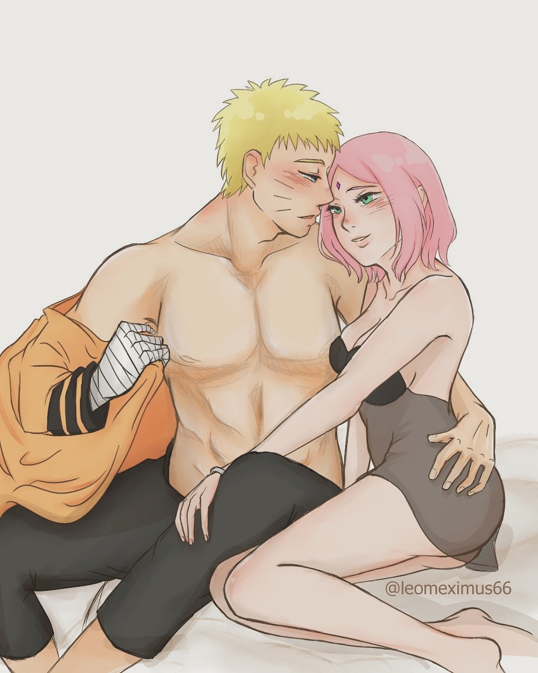 1boy, 1girls, after sex, ass, backless, backless outfit, bandaged arm, bandages, barefoot, bed, blue eyes, blush, boruto: naruto next generations, bracelet, breasts, cleavage, cuddling, dress, dressing, female, green eyes, hand on ass, jacket, leomeximus66, lingerie, long hair, looking at another, looking at partner, male, naruto, naruto (series), no bra, no panties, on bed, pants, revealing clothes, sakura haruno, shirtless, short hair, strapless, transparent clothing, uzumaki naruto, whisker markings, yellow hair