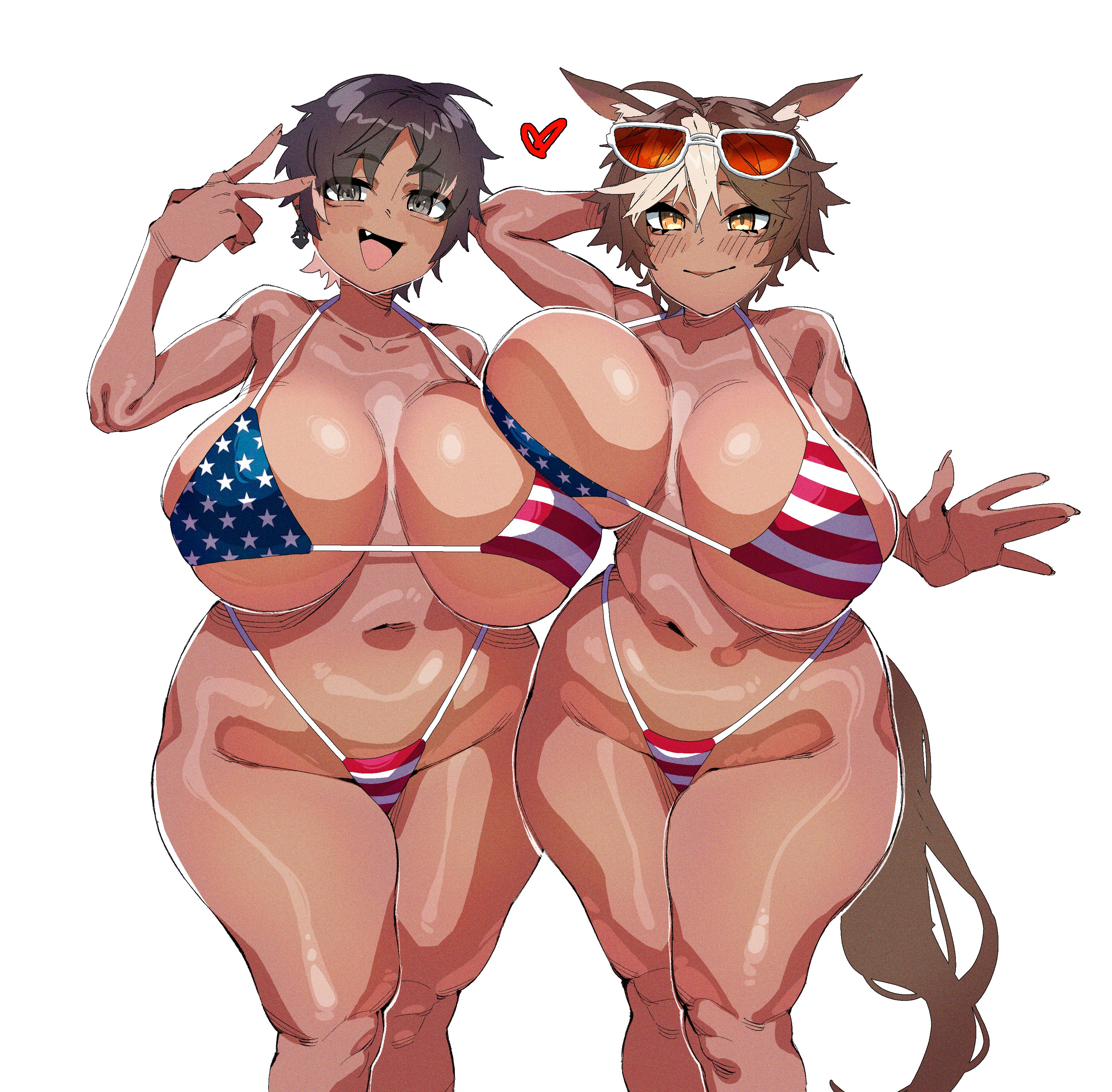 2girls, american flag bikini, bikini, bon (vtuber), dark skin, dark-skinned female, female, female only, flag bikini, flag print, indie virtual youtuber, large breasts, makinakid, pose, posing, umari tomoe, virtual youtuber, vtuber