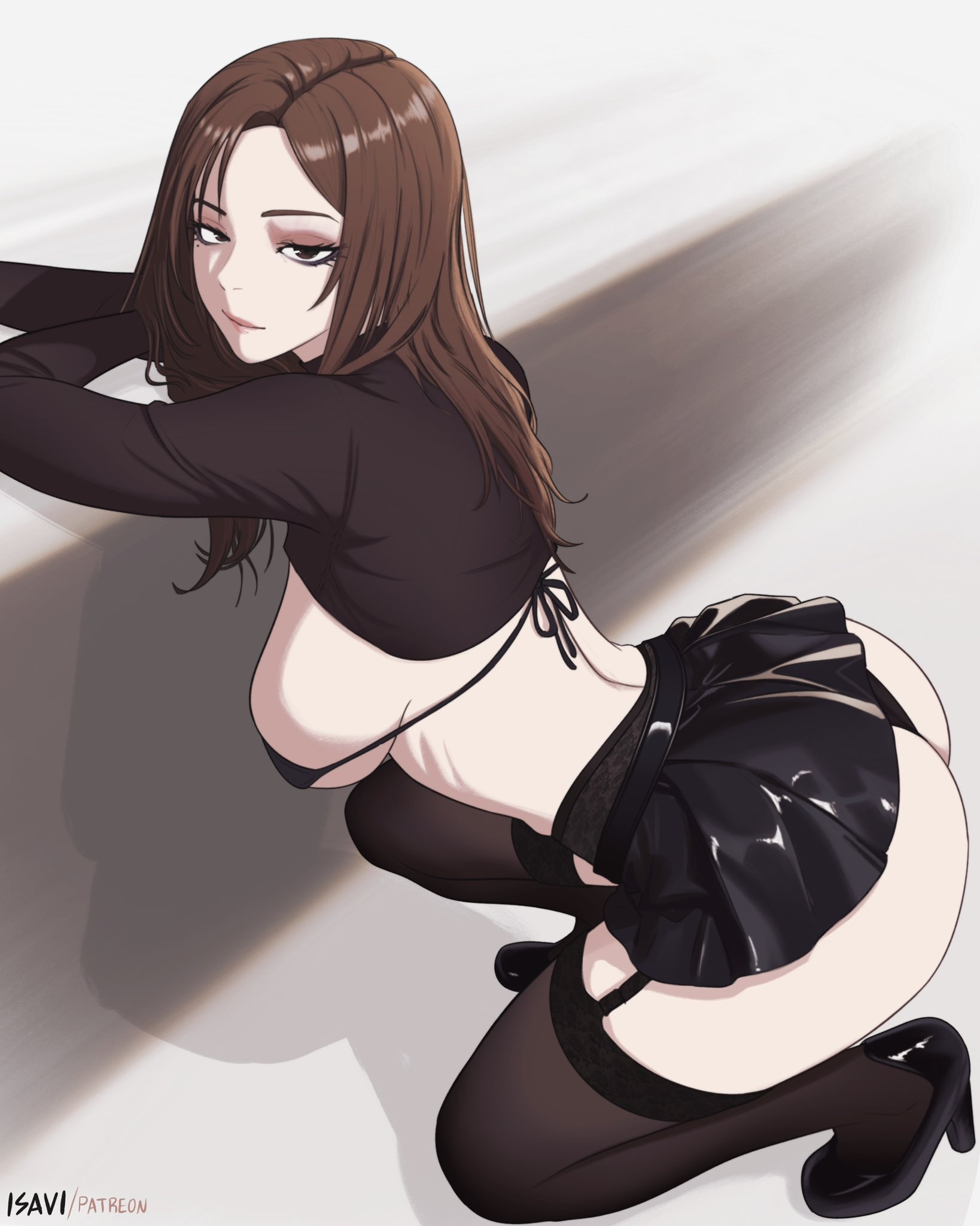 1girls, 2d, 2d (artwork), 2d artwork, adult, adult female, anime, anime character, arm support, ass, ass cleavage, ass crack, ass focus, back, back-tie bikini, back-tie swimwear, background, baddie, bewitching thighs, big ass, big boobs, big breasts, bikini, bikini top, black bikini, black bikini top, black footwear, black high heels, black legwear, black micro bikini, black shoes, black skirt, black stockings, black string bikini, black swimsuit, black swimwear, black thigh highs, black thighhighs, blank expression, blank eyes, blank stare, bored, bored expression, breasts, brown eyes, brown hair, brown-eyed female, brown-haired female, busty, busty female, busty girl, butt, calves, child bearing hips, curvaceous, curvaceous body, curvaceous female, curvaceous figure, curvaceous hips, curvy, curvy ass, curvy body, curvy female, curvy figure, curvy hips, dangling breasts, digital, digital art, digital drawing, digital drawing (artwork), digital media, digital media (artwork), drawing, emotionless, exhausted, exhausted female, eyeliner, fanart, female, female focus, female only, fertile, fertile hips, footwear, from side, full body, full body view, garter straps, groin, hanging breasts, head tilt, heels, high heels, hourglass figure, huge ass, huge breasts, inframammary fold, isavi, jujutsu kaisen, kneeling, knees, large ass, large boobs, large breasts, lascivious, lean figure, leaning, leaning forward, legs, legwear, lip gloss, lips, lipstick, long hair, looking at viewer, looking sideways, looking to the side, mappa, mature, mature female, mature woman, median furrow, micro bikini, microskirt, milf, miniskirt, monotone background, narrow waist, neutral expression, nipple bulge, older female, pink lips, pink lipstick, plain background, portrait, ribcage, ribs, shoes, shoko ieiri, short skirt, shoulders, shueisha, side view, sideboob, skimpy bikini, skindentation, skirt, sleepy, slender body, slender waist, slim female, slim waist, small bikini, solo, stockings, string bikini, swimsuit, swimwear, thick ass, thick butt, thick thighs, thigh highs, thighhighs, thighs, tilted head, tired, tired expression, tired eyes, tired look, upskirt, weekly shonen jump, white background, wide hips, woman
