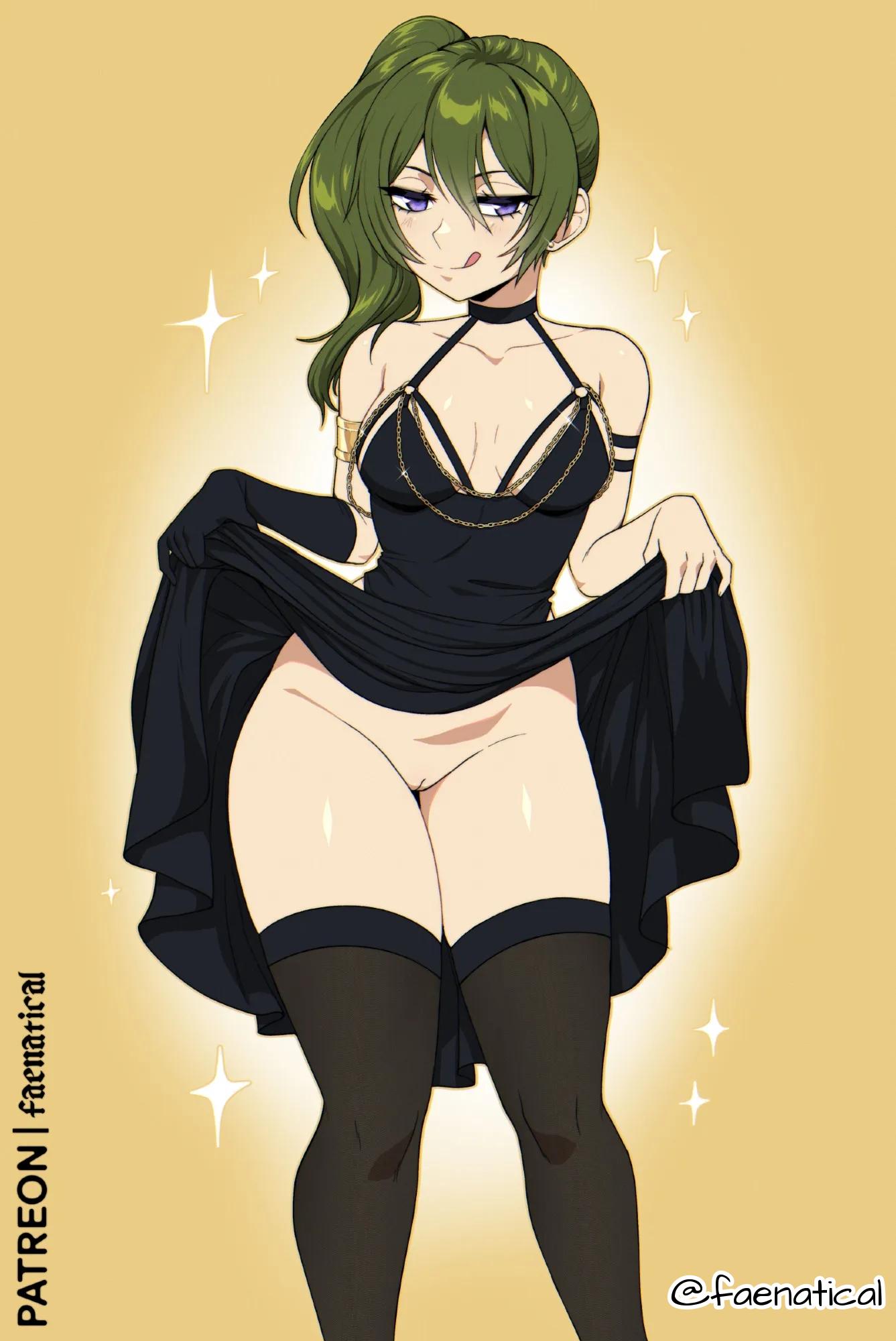 1girls, 2d, 2d (artwork), 2d artwork, adult, adult female, anime, anime character, average breasts, background, bare arms, bare chest, bare hands, bare hips, bare pussy, bare shoulders, bare skin, bare thighs, belly, belly button, black clothes, black clothing, black dress, black legwear, black outfit, black stockings, black thigh highs, black thighhighs, black topwear, breasts, breasts apart, cleavage, cleft of venus, closed mouth smile, clothes, collarbone, curvaceous, curvaceous body, curvaceous female, curvaceous figure, curvaceous hips, curvaceous thighs, curvy, curvy body, curvy female, curvy figure, curvy hips, curvy thighs, digital, digital art, digital drawing, digital drawing (artwork), digital media, digital media (artwork), drawing, dress, exposed arms, exposed chest, exposed hips, exposed pussy, exposed shoulders, exposed skin, exposed thighs, exposing, exposing pussy, exposing self, eyebrows visible through hair, faenatical, fanart, female, female focus, female only, fingers, green hair, green-haired female, groin, hair between eyes, hairless pussy, head tilt, hourglass figure, inframammary fold, inguinal crease, inguinal ligament, knees, knees together, knees together feet apart, lean figure, legs closed, legs together, legs together feet apart, legwear, light smile, long hair, looking at viewer, madhouse, mage, mature, mature female, mature woman, medium breasts, midriff, monotone background, narrow waist, navel, outfit, plain background, ponytail, portrait, presenting pussy, presenting vagina, purple eyes, purple-eyed female, pussy, pussy lips, revealing pussy, shoulders, showing pussy, showing vagina, side ponytail, skirt, skirt aside, skirt lift, skirt pull, skirt up, slender body, slender waist, slight smile, slim female, slim waist, smile, smiley face, smiling, smiling at viewer, solo, sousou no frieren, standing, stockings, thick thighs, thigh highs, thighhighs, thighs, thighs together, tied hair, tilted head, tongue, tongue out, topwear, ubel (sousou no frieren), upper body, vulva, vulva line, wide hips, woman, yellow background
