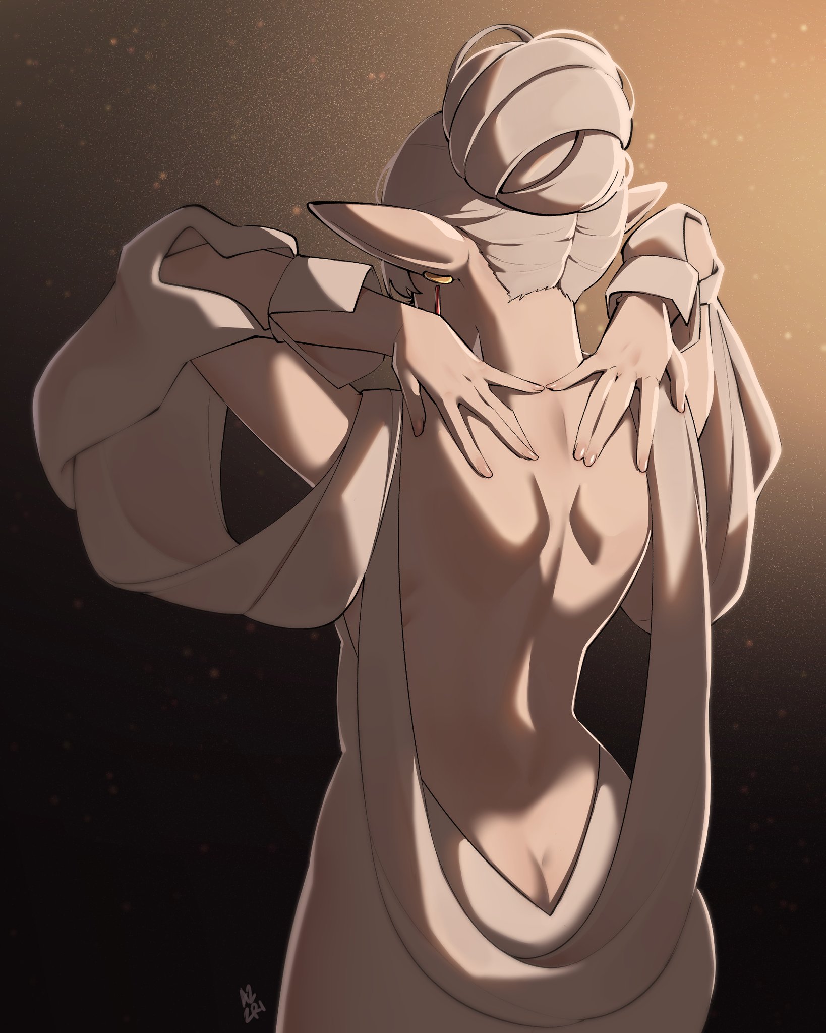 1girls, artist request, ass, ass crack, back, backless outfit, bare back, butt, butt crack, elf, elf female, female, frieren, frieren beyond journey's end, solo, sousou no frieren, tagme