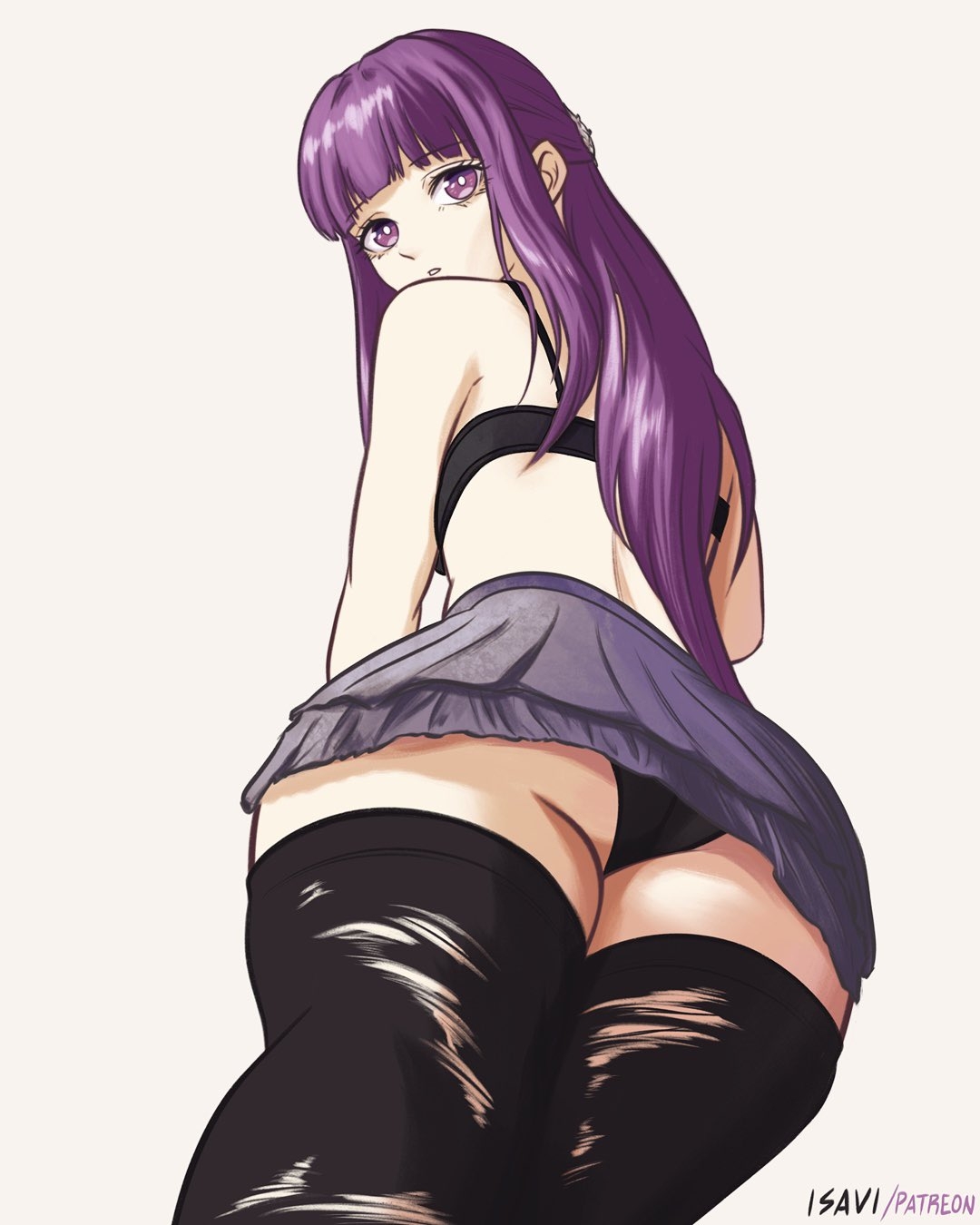 1girls, 2d, 2d (artwork), 2d artwork, adult, adult female, anime, anime character, ass, ass cleavage, ass crack, ass shot, back view, background, behind view, big boobs, big breasts, black bra, black legwear, black panties, black stockings, black thigh highs, black thighhighs, black underwear, blank background, blunt bangs, bra, busty, busty female, busty girl, butt, butt shot, digital, digital art, digital drawing, digital drawing (artwork), digital media, digital media (artwork), drawing, eyebrows visible through hair, fanart, female, female focus, female only, female protagonist, fern (sousou no frieren), from behind, from below view, gluteal fold, groin, half updo, head tilt, huge boobs, huge breasts, isavi, large boobs, large breasts, lean figure, legs closed, legs together, legwear, long hair, looking at viewer, looking down, looking down at viewer, low angle view, low-angle shot, madhouse, mage, mature, mature female, monotone background, narrow waist, one color background, panties, plain background, plump breasts, portrait, purple eyebrows, purple eyes, purple hair, purple skirt, purple-eyed female, purple-haired female, rear view, short skirt, shoulders, skirt, slender body, slender waist, slim female, slim waist, solid color background, solo, sousou no frieren, standing, stockings, thick ass, thick butt, thick thighs, thigh highs, thighhighs, thighs, thighs together, tilted head, top view, underwear, upper body, view from below, viewed from behind, viewed from below, white background, white pupils, wide hips