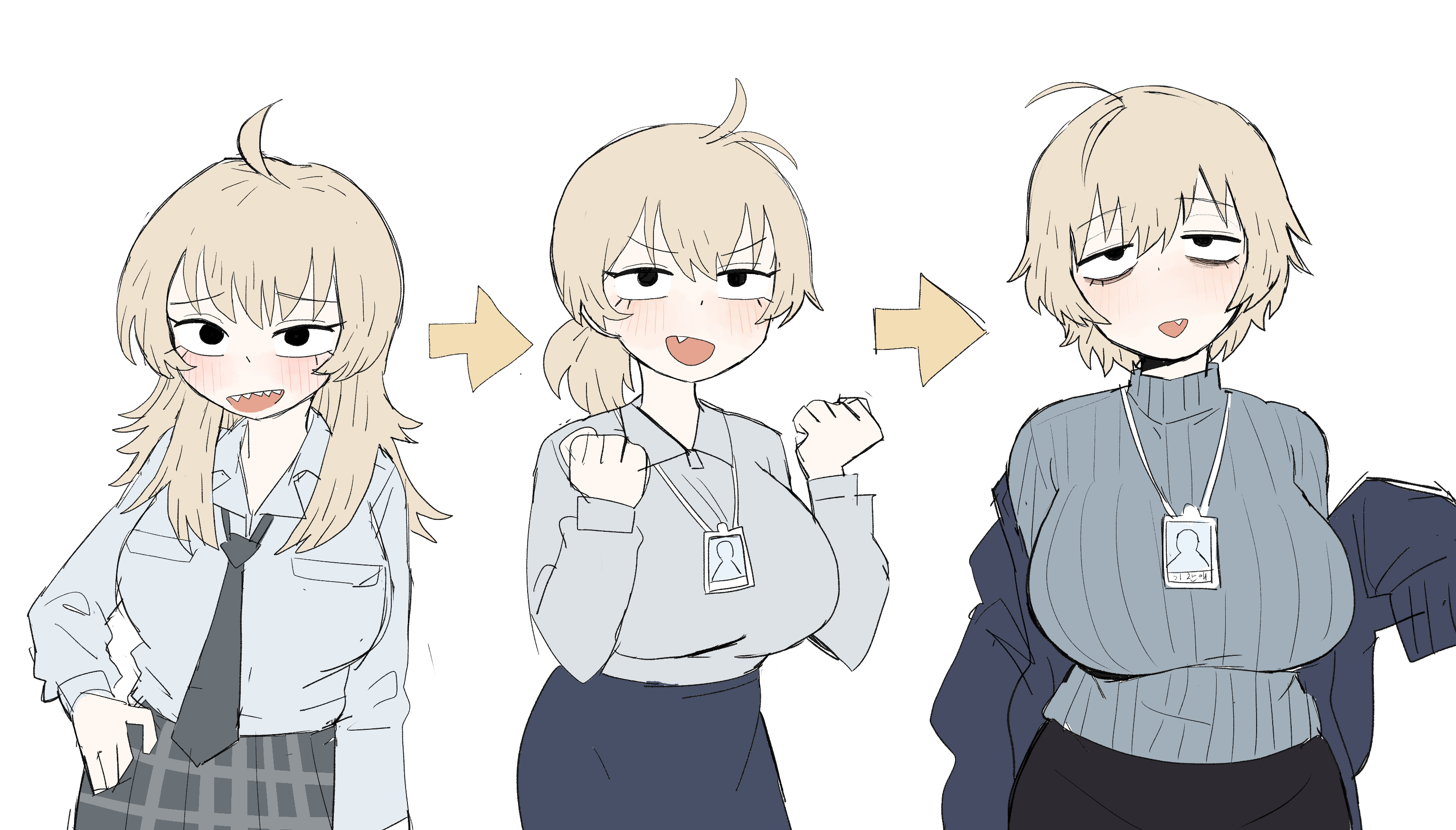 1girl, 1girls, age progression, ahoge, blonde hair, blush, fang, highres, huge breasts, id card, kms2605, lanyard, looking at viewer, multiple views, necktie, original, original character, ribbed sweater, school uniform, short hair, simple background, sweater, teeth, tired, white background