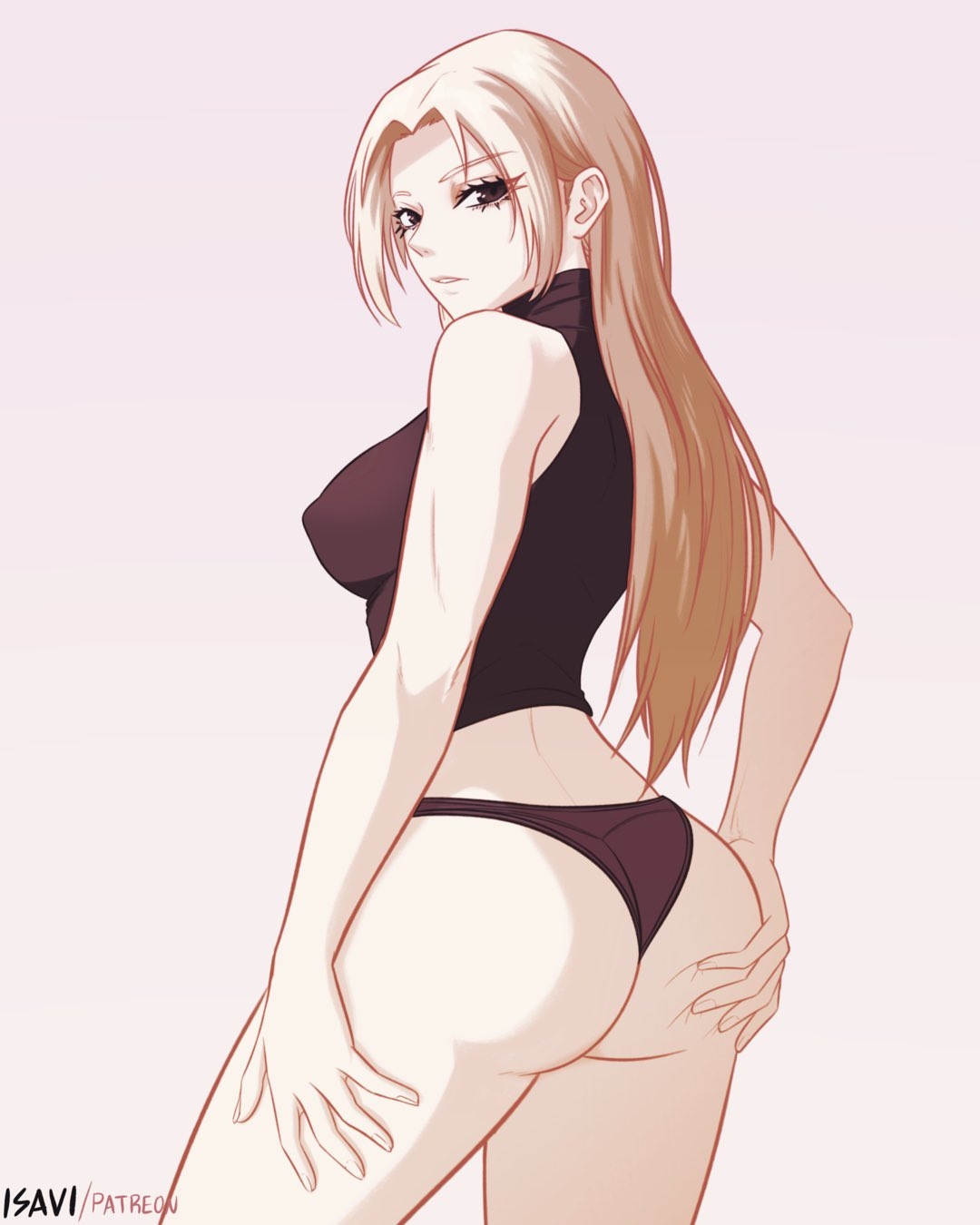 1girls, 2d, 2d (artwork), 2d artwork, adult, adult female, anime, anime character, ass, ass cleavage, ass crack, ass grab, ass support, back view, background, bare arms, bare hands, bare hips, bare legs, bare shoulders, bare skin, bare thighs, behind view, big boobs, big breasts, black eyes, black panties, black thong, black turtleneck, black underwear, black-eyed female, blank background, blonde, blonde female, blonde hair, blonde hair female, blonde-haired female, breasts, busty, busty female, busty girl, butt, butt grab, deep skin, digital, digital art, digital drawing, digital drawing (artwork), digital media, digital media (artwork), drawing, exposed arms, exposed hips, exposed legs, exposed shoulders, exposed skin, exposed thighs, eyebrows visible through hair, fanart, female, female focus, female only, fingernails, fingers, fondling butt, from behind, gluteal fold, grabbing ass, grabbing butt, grabbing own ass, grabbing own butt, groin, groping ass, groping butt, hair intakes, hand on ass, hand on butt, hand on leg, hand on own ass, hand on own butt, hand on own leg, hand on own thigh, hand on thigh, head tilt, holding butt, isavi, jujutsu kaisen, large boobs, large breasts, lean figure, long hair, looking at viewer, looking back, looking back at viewer, mappa, mature, mature female, mature woman, monotone background, narrow waist, nipple bulge, one color background, panties, plain background, portrait, posing, posing for the viewer, posing naked, posing nude, rear view, shoulders, shueisha, sideboob, slender body, slender waist, slim female, slim waist, solid color background, solo, standing, streaked hair, thick ass, thick butt, thick thighs, thighs, thong, tilted head, top view, touching ass, touching butt, touching leg, touching thigh, turtleneck, underwear, upper body, viewed from behind, weekly shonen jump, white background, wide hips, woman, yuki tsukumo