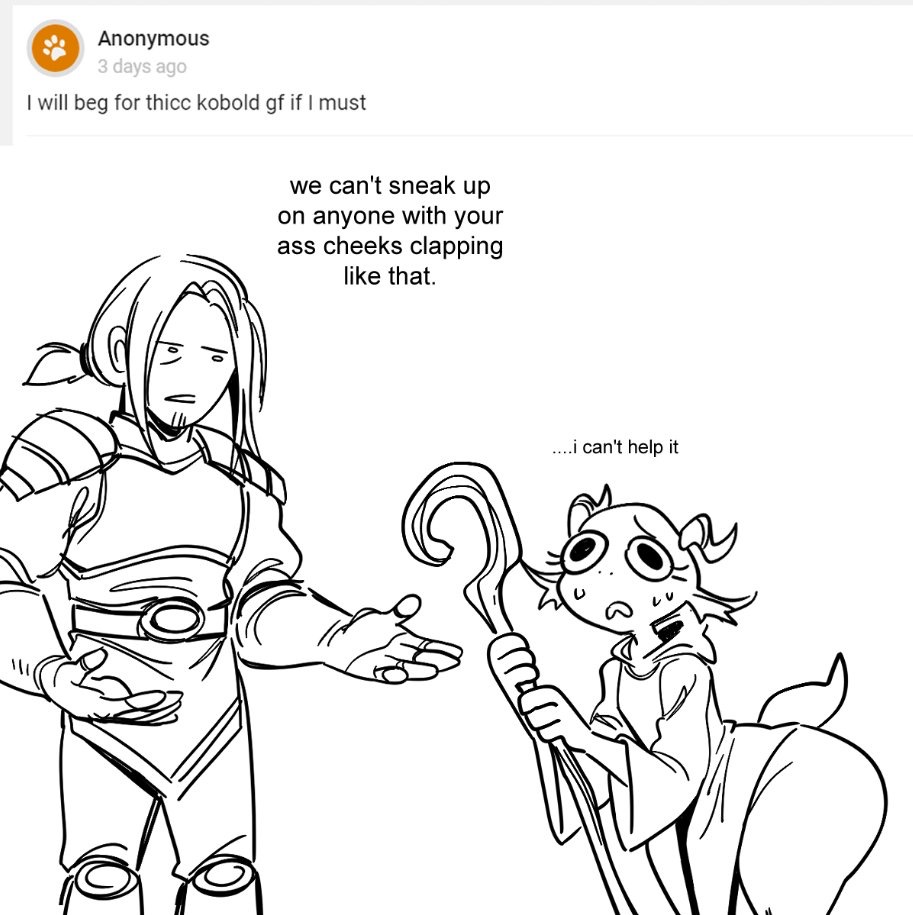 alerting the guards, ass, big ass, big butt, churrp (glacierclear), female, glacierclear, kobold, male, meme, monochrome, white background, wide hips
