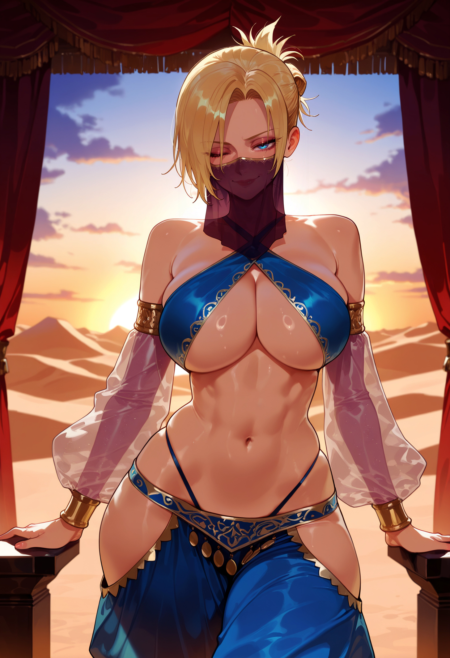 1girl, 1girls, abs, against railing, ai generated, annie leonhardt, arabian clothes, arm support, armlet, attack on titan, balecxi, bare shoulders, blonde hair, blue eyes, blue pants, borrowed design, breasts, cleavage, closed mouth, clothing, cloud, cowboy shot, criss-cross halter, curtains, curvaceous, curvaceous female, curvaceous figure, curvy, curvy figure, dancer, desert, detached sleeves, female, female focus, folded ponytail, gradient sky, halterneck, harem outfit, harem pants, highleg, highleg panties, hip vent, inviting, inviting to sex, jewelry, large breasts, long sleeves, looking at viewer, midriff, mouth veil, multi-strapped panties, navel, one eye closed, pants, panty straps, parted bangs, presenting, presenting ass, presenting breasts, presenting hindquarters, presenting self, puffy detached sleeves, sand, seductive, seductive look, seductive smile, see-through, see-through sleeves, shingeki no kyojin, shiny skin, short hair, skindentation, sky, smile, solo, stomach, sunset, sweat, thighs, toned, underboob, veil, voluptuous, voluptuous female