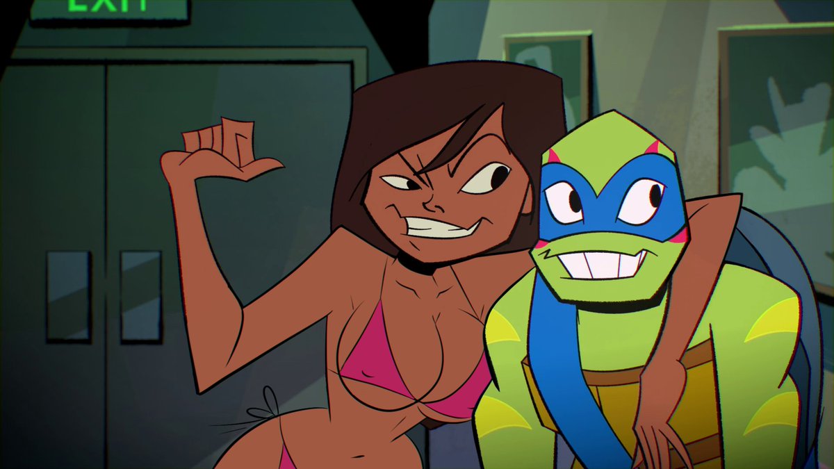 1girls bikini breasts cleavage dark-skinned_female female happy_male jessica_jaclyn jessica_jaclyn_(rise_of_the_tmnt) leonardo male nickelodeon rise_of_the_teenage_mutant_ninja_turtles sb99 scobionicle99 teenage_mutant_ninja_turtles