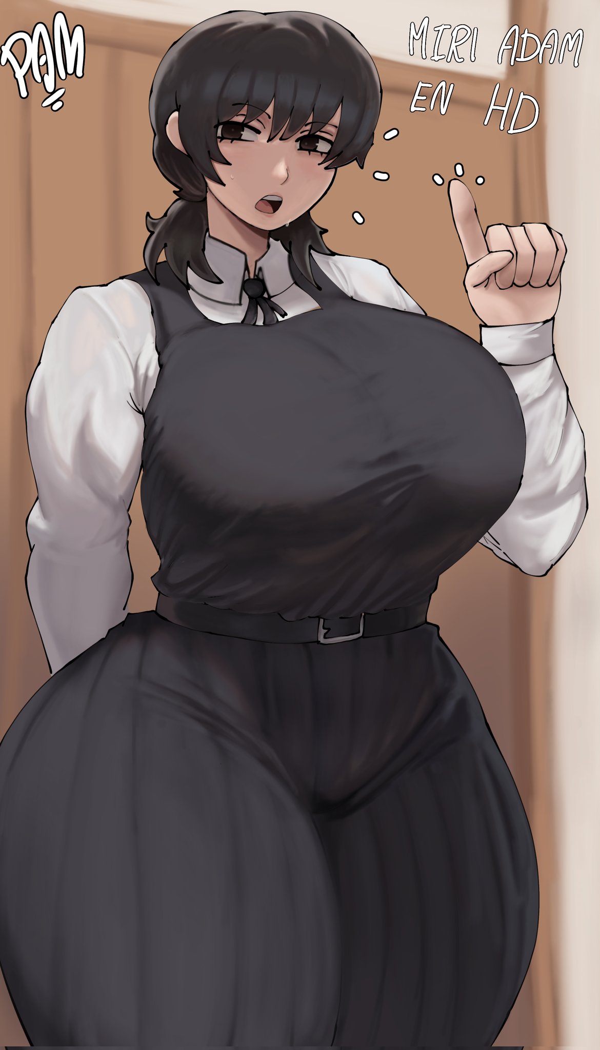 1girls, bangs, belt, big ass, big breasts, black eyes, black hair, blush, breasts, chainsaw man, clothing, collared shirt, curvy, curvy figure, female, female only, fourth east high school uniform, fully clothed, huge breasts, large breasts, light skin, light-skinned female, long hair, looking at viewer, miri adam, mitaka asa, open mouth, school uniform, shirt, tagme, thick thighs, thighs, white shirt, wide hips