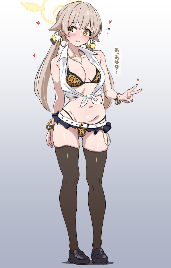 1girls, alternate costume, amesuku gyaru, animal print, arm at side, belt, black shoes, black skirt, black thighhighs, blonde hair, blue archive, blush, bracelet, breasts, earrings, flying sweatdrops, full body, gold bracelet, gold earrings, grey background, gyaru, halo, heart, hifumi (blue archive), hoop earrings, jewelry, leopard print, leopard print bra, leopard print panties, long hair, looking to the side, low twintails, medium breasts, microskirt, midriff, mitsuame miiro, navel, necklace, nervous, open clothes, open shirt, panties, parted lips, shirt, simple background, skirt, solo, standing, thighhighs, thighs, tied shirt, twintails, v, white belt, white shirt, yellow eyes, yellow halo