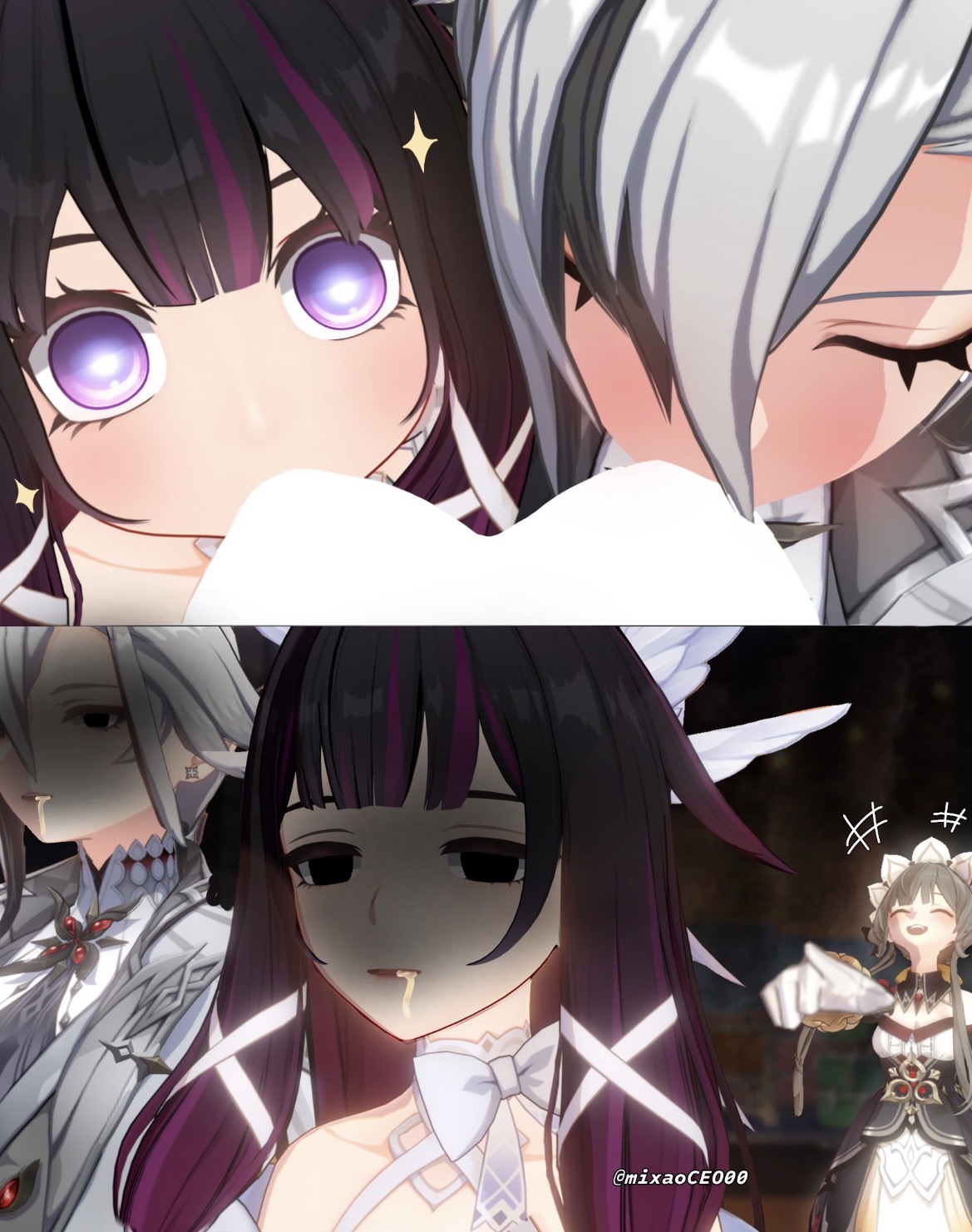3d, 3d (artwork), 3girls, arlecchino (genshin impact), bangs, black and white hair, brown hair, columbina (genshin impact), double breast sucking, drooling, female/female/female, genshin impact, hair over one eye, lesbian, lesbian sex, lesbians, negative space, nipple suck, purple hair, sandrone (genshin impact), sex, sucking nipples, tagme (artist), throuple, yuri
