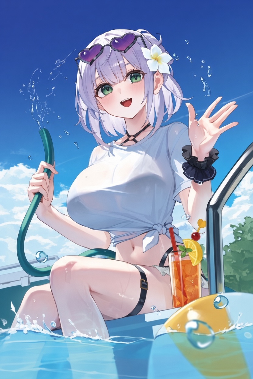 1girl ball beachball bikini bikini_under_clothes black_bikini blush breasts cup drinking_glass drinking_straw eyewear_on_head heart heart-shaped_eyewear highres holding holding_hose hololive hose large_breasts medium_hair o-ring shirogane_noel shirt sitting smile solo sunglasses swimsuit thigh_strap virtual_youtuber watao white_shirt