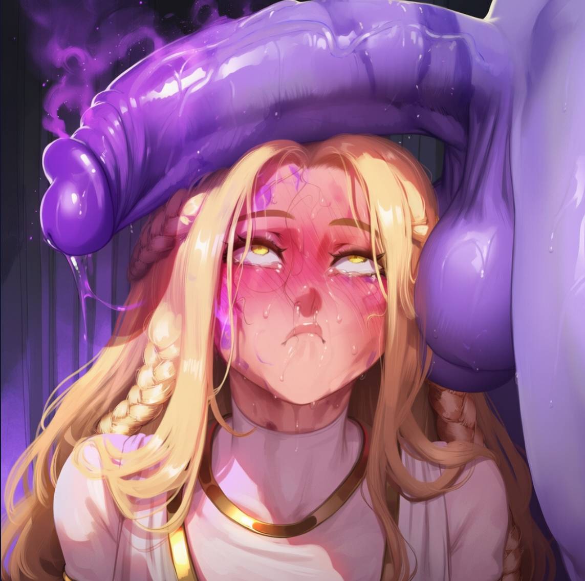 2026, 2boys, 2d, absurd res, absurd resolution, absurdres, ai generated, blonde hair, blush, braid, closed mouth, colored skin, elden ring, elden ring: shadow of the erdtree, erection, fromsoftware, hi res, high quality, high resolution, highres, huge penis, hydraulicmatingpress, image, large penis, long hair, looking up, male focus, miquella, miquella (elden ring), miquella of the haligtree, miquella the kind, multiple boys, nose blush, otoko no ko, penis, penis awe, penis on face, precum, precum drip, purple skin, rolling eyes, sweat, tears, testicles, uncensored, uncensured, veins, watermark, yaoi, yellow eyes