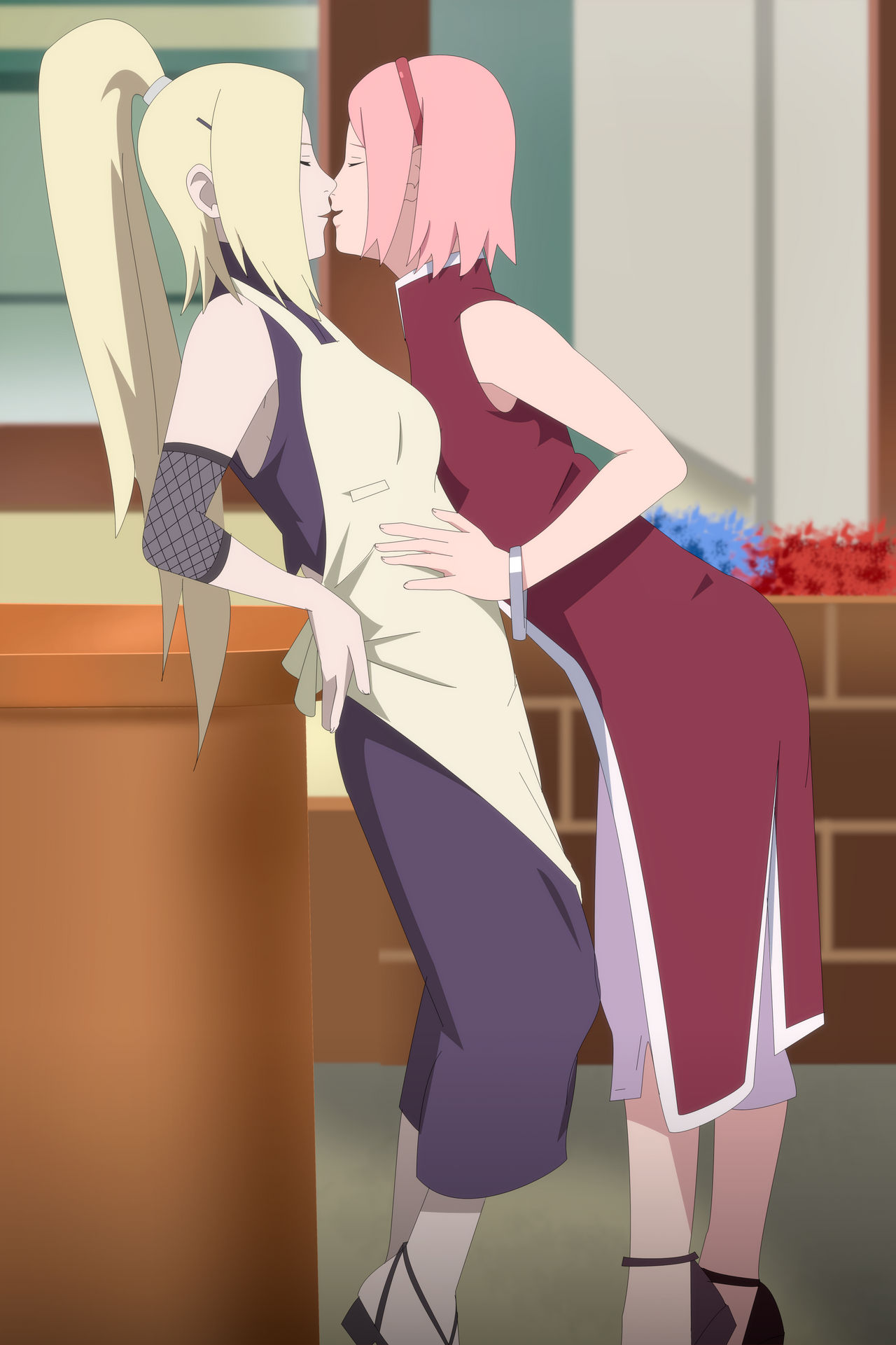 2girls, before sex, big breasts, blonde hair, boruto: naruto next generations, breasts, cuddling, dress, female, female only, imminent kiss, imminent sex, ino yamanaka, lesbian sex, mature, mature female, milf, multiple females, multiple girls, naruto (series), optimystic, pink hair, ponytail, pussy, raised leg, sakura haruno, skirt, small breasts, smile, standing, standing sex, table, tied hair, yuri