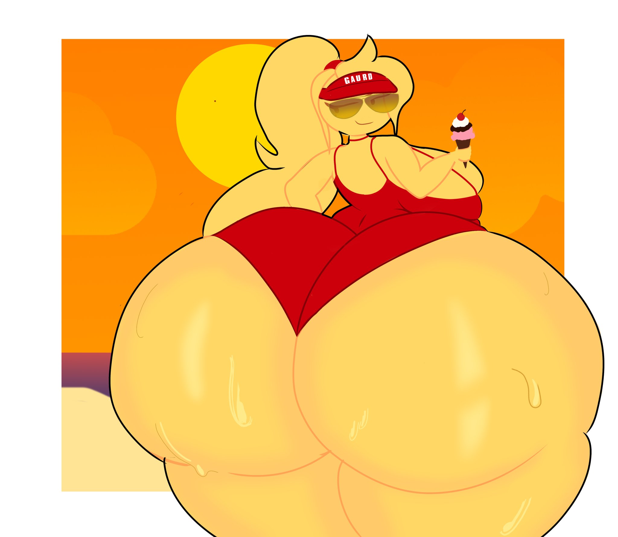 1girl, ass, ass bigger than body, ass bigger than breasts, ass bigger than head, ass bigger than torso, ass crack, ass focus, back, back view, beach, big ass, big ass (female), bubble ass, bubble ass (female), bubble butt, bubble butt (female), emoji, emoji (race), enormous ass, fanart, fanart from twitter, fat ass, female, female only, gigantic ass, hair, huge ass, hyper ass, ice cream, large ass, lifeguard, looking at viewer, looking back, looking back at viewer, massive ass, moonraige, moonstadew, oversized ass, oversized butt, plump, plump ass, round ass, short hair, solo, solo female, solo focus, stephany (moonraige), sunglasses, sunset, swimsuit, thick ass, thick female, thick thighs, thighs, yellow hair, yellow skin, zackfr0z3n