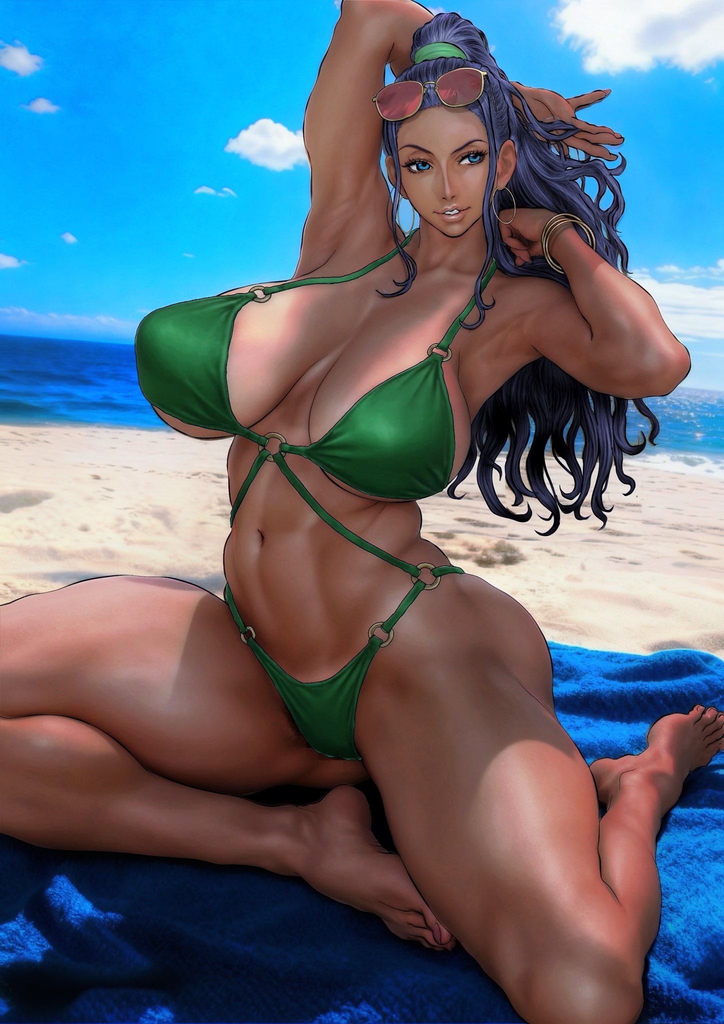 1girls, b 0 rukia, bikini, black hair, blue eyes, brazilian, brazilian female, dark-skinned female, female, female focus, female only, huge breasts, large breasts, long hair, nico robin, one piece, solo, swimsuit, very long hair