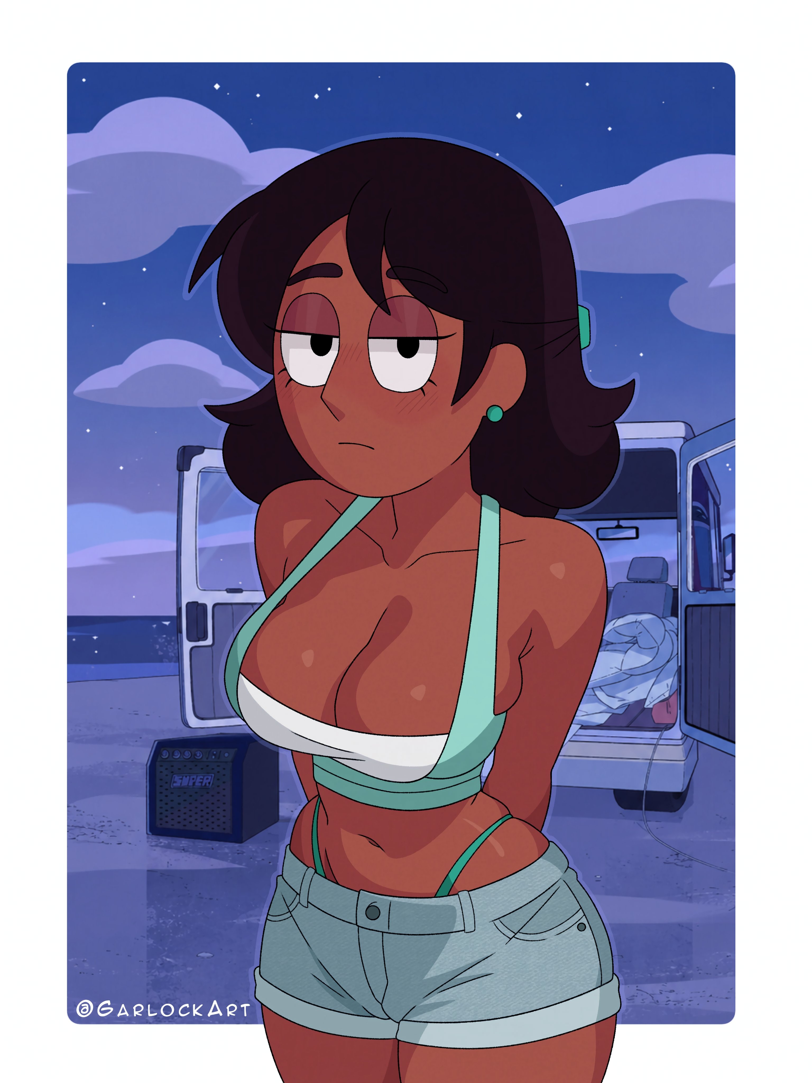 1girls, 2026, 2d, 2d (artwork), artist name, bare shoulders, barely clothed, barely contained, barely contained breasts, belly, black hair, bored, bored expression, cartoon network, cleavage, closed mouth, clouds, collarbone, color, connie maheswaran, dark hair, dark skin, dark-skinned female, digital media (artwork), female, garlock, half-closed eyes, hands behind back, hi res, hotpants, hourglass figure, human, indian, indian female, large breasts, looking at viewer, navel, neutral expression, night, night sky, outdoors, outside, panties, public, shorts, slim waist, slutty female, slutty outfit, solo, standing, stars, steven universe, teasing, teasing viewer, thighs, thong, tight shorts, underwear, unimpressed, uninterested, van, whale tail, wide hips