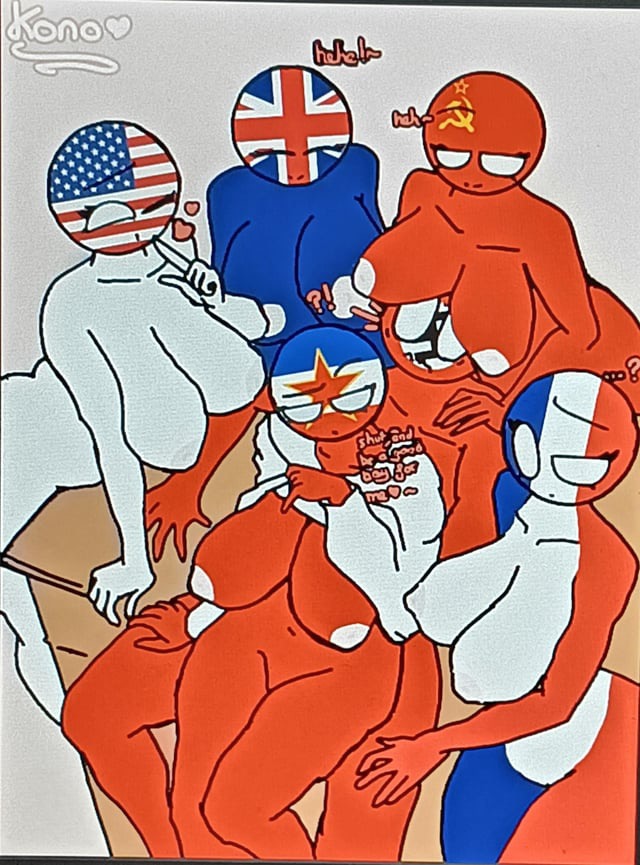 1boy, 5girls, big breasts, countryhumans, countryhumans girl, france (countryhumans), kono, konoboyhe, looking at viewer, nazi germany (countryhumans), sixsome, soviet union (countryhumans), surrounded by women, third reich (countryhumans), united kingdom (countryhumans), united states of america (countryhumans), yugoslavia (countryhumans)