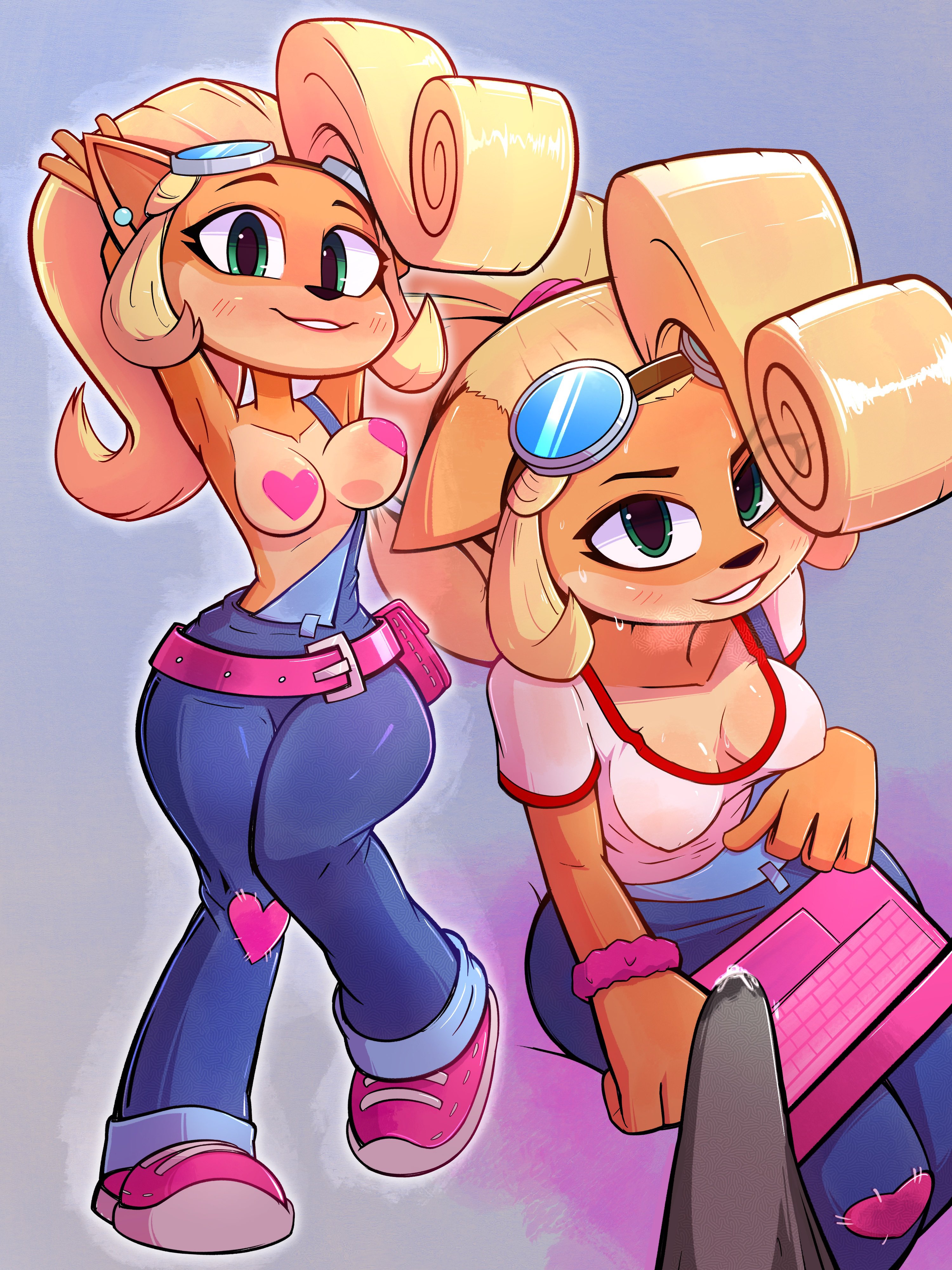 blush, coco bandicoot, covering nipples, crash (series), crossowbi, erect nipples, imminent sex, jeans, nipple bulge, nipple stickers, no bra, precum, see-through, see-through clothing, smirk, tight clothing, wet clothes