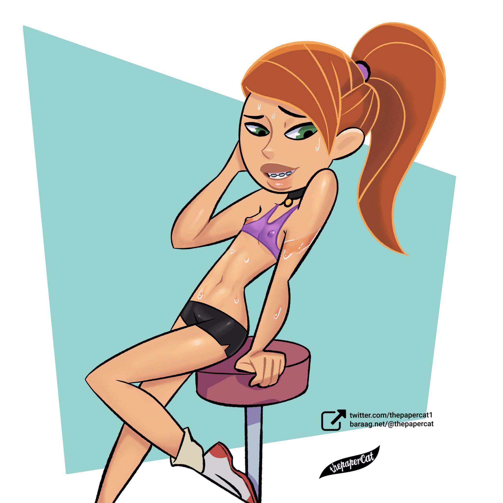 1girls, abstract background, areolae, athletic, athletic female, bike shorts, bracelet, braces, breasts, crop top, disney, erect nipples, female, female focus, female only, green eyes, kim possible, kimberly ann possible, long hair, nipple bulge, nipple slip, nipples, petite, ponytail, red hair, short shorts, small breasts, sneakers, solo, sports bra, sportswear, sweat, tank top, teenager, thepapercat