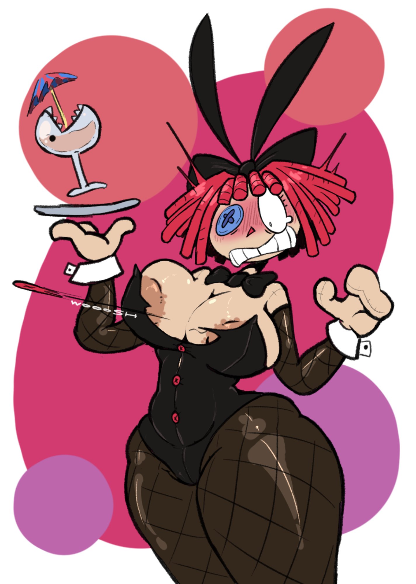 alcohol, algob4v, bav, blush, blushing, breasts, bunnysuit, button pop, doll, doll girl, embarrassed, embarrassed female, fishnet armwear, fishnet clothing, fishnet legwear, fishnets, ragatha (the amazing digital circus), red hair, solo, the amazing digital circus, waitress, wardrobe malfunction, worried, worried expression