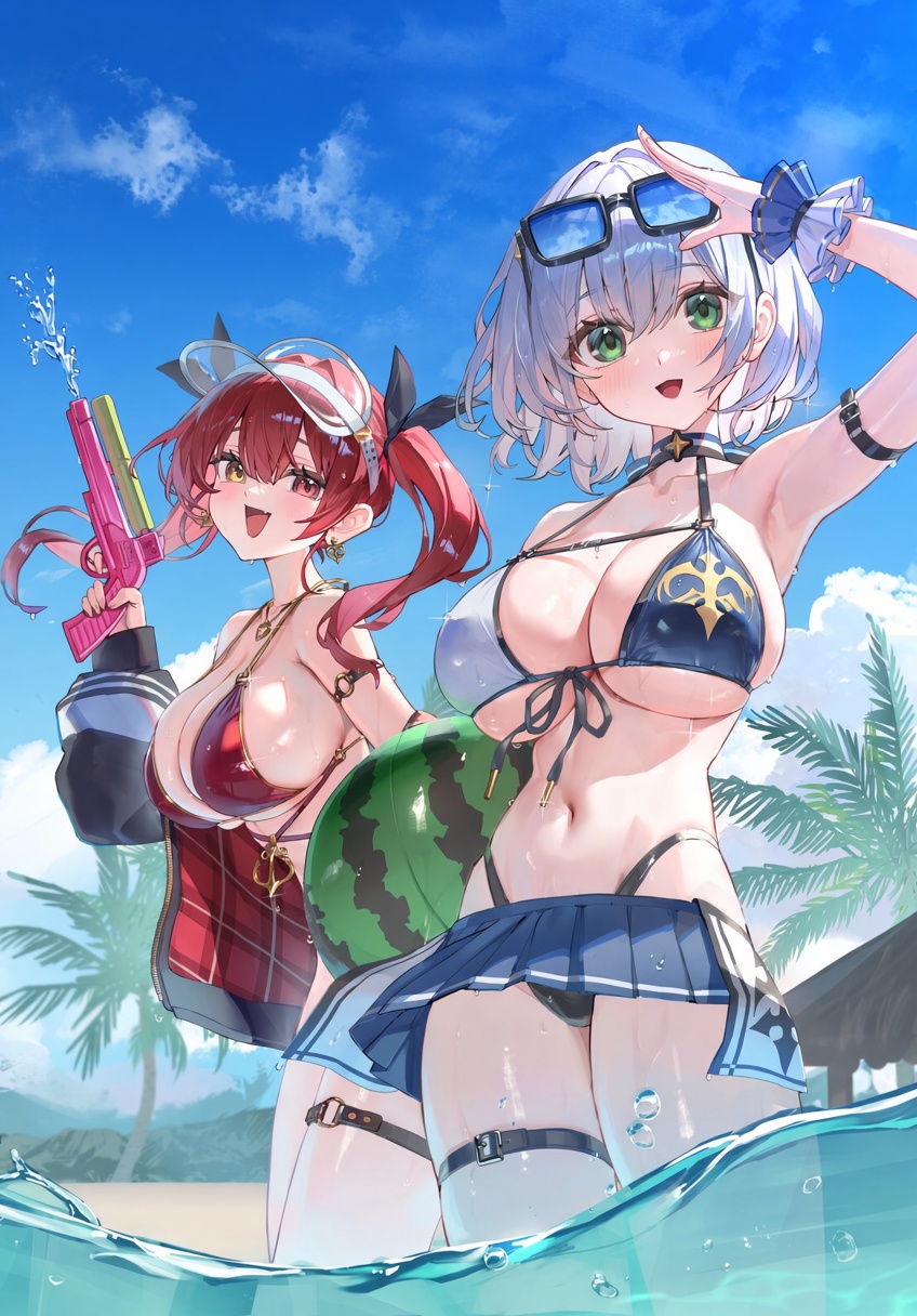 2girls arm_strap arm_up armpits ball beach beachball bikini bikini_skirt black_jacket blue_bikini blue_sky blush breasts cleavage day earrings eyewear_on_head floating_hair front-tie_bikini_top front-tie_top green_eyes grey_hair hair_ribbon halterneck heart heart-shaped_eyewear heart_earrings heart_necklace heterochromia highleg highleg_bikini highres holding holding_ball holding_beachball holding_water_gun hololive houshou_marine jacket jewelry large_breasts long_hair looking_at_viewer multiple_girls navel necklace official_artist_extra open_clothes open_jacket open_mouth outdoors palm_tree red_bikini red_eyes red_hair ribbon shirogane_noel short_hair skirt sky smile stomach string_bikini sunglasses swimsuit thigh_strap tree twintails virtual_youtuber visor_cap wading watao water water_gun wet yellow_eyes