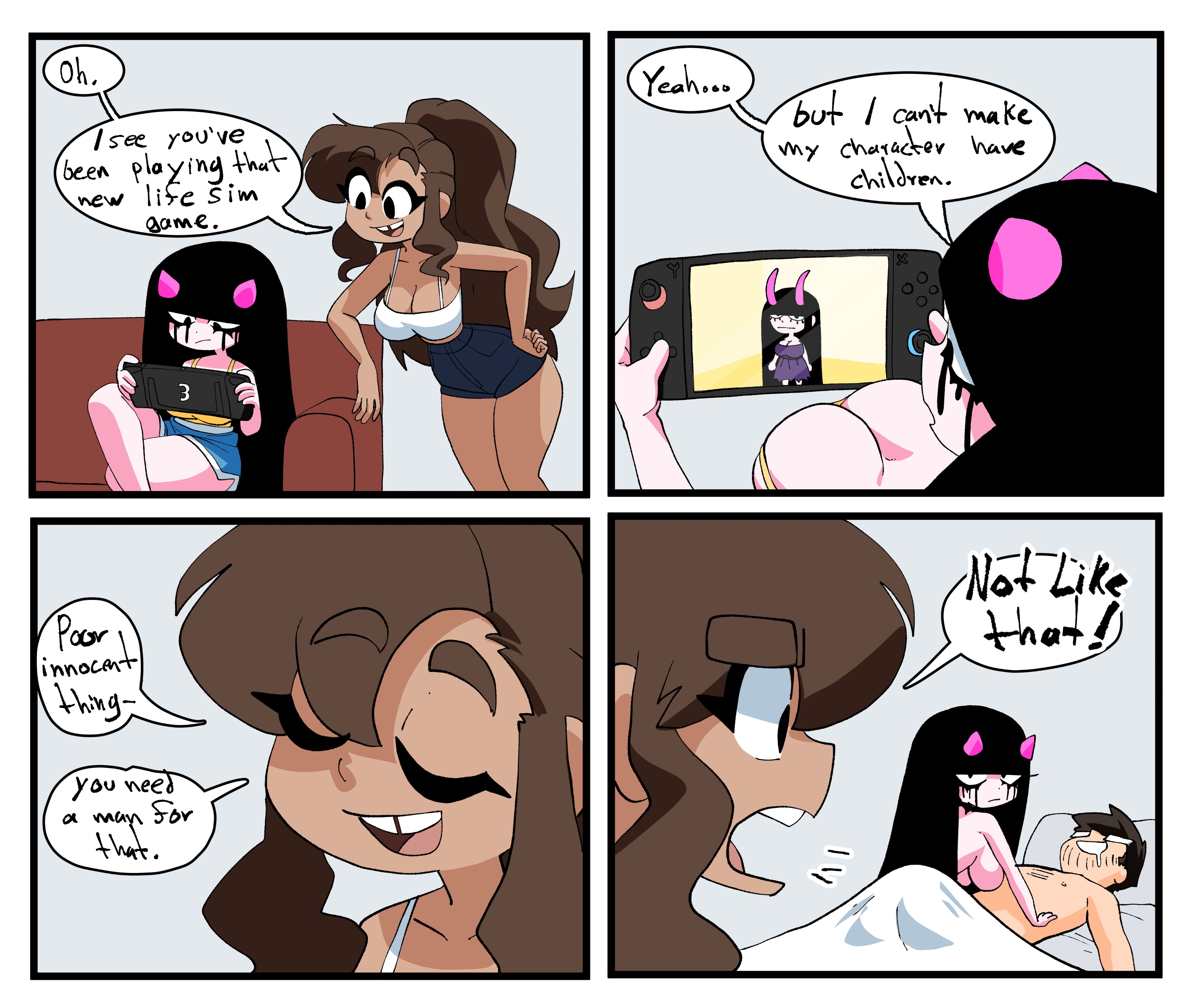 1boy, 2girls, breasts, cleavage, comic, coolerinker, dan (inker comics), gaming, horns, humor, inker comics, inkershike, mii, monica (inker comics), nintendo, nintendo switch, nintendo switch 2, pink skin, playing videogame, sex, tomodachi life, tomodachi life: living the dream