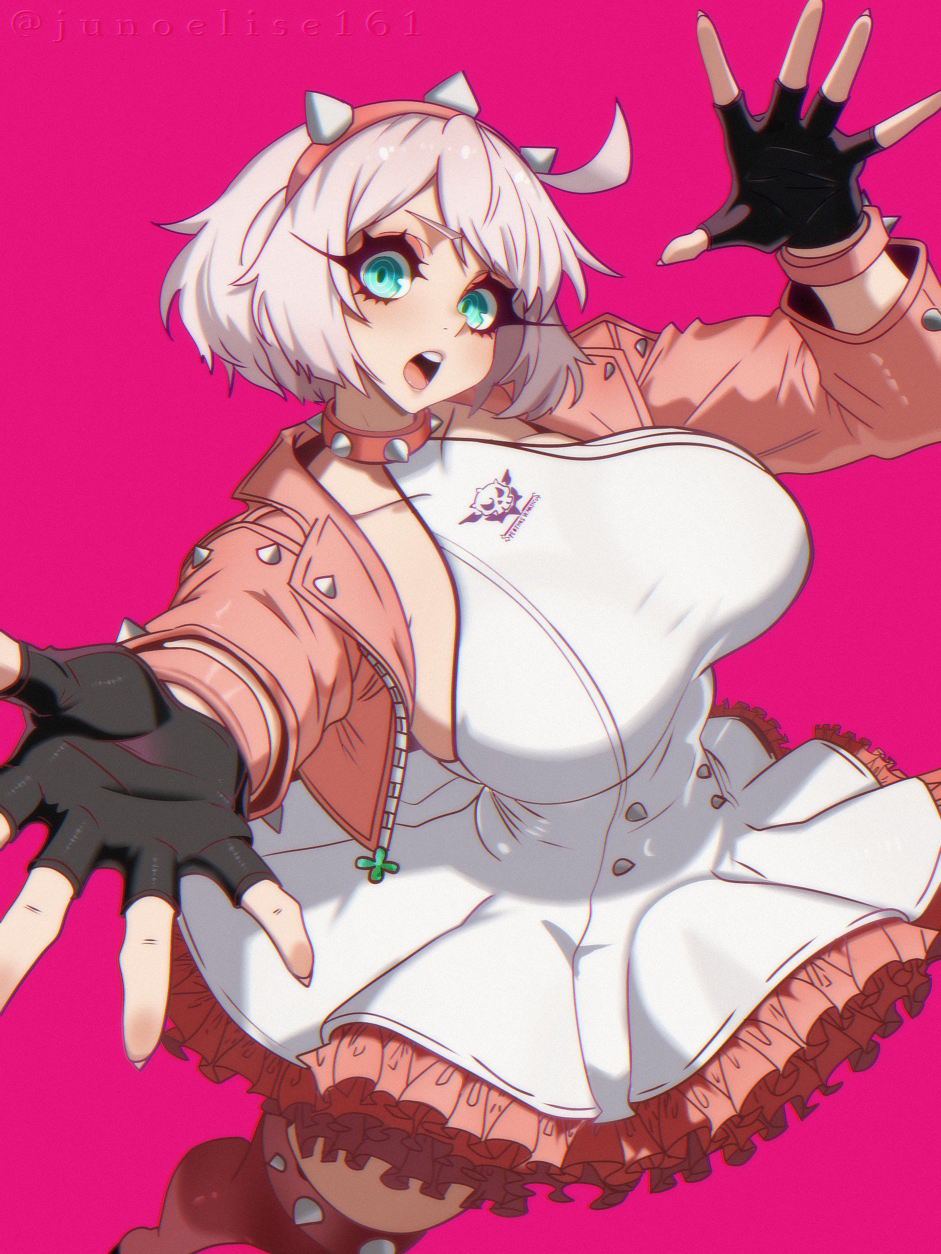 1girl, absurdres, big breasts, blue eyes, bracelet, breasts, collar, commentary, dress, elphelt valentine, english commentary, fingerless gloves, frilled skirt, from above, gloves, guilty gear, guilty gear strive, hairband, highres, jewelry, junoelise, looking at viewer, pink frills, short hair, skirt, spiked bracelet, spiked collar, spiked hairband, spiked thighhighs, spikes, white dress, white hair