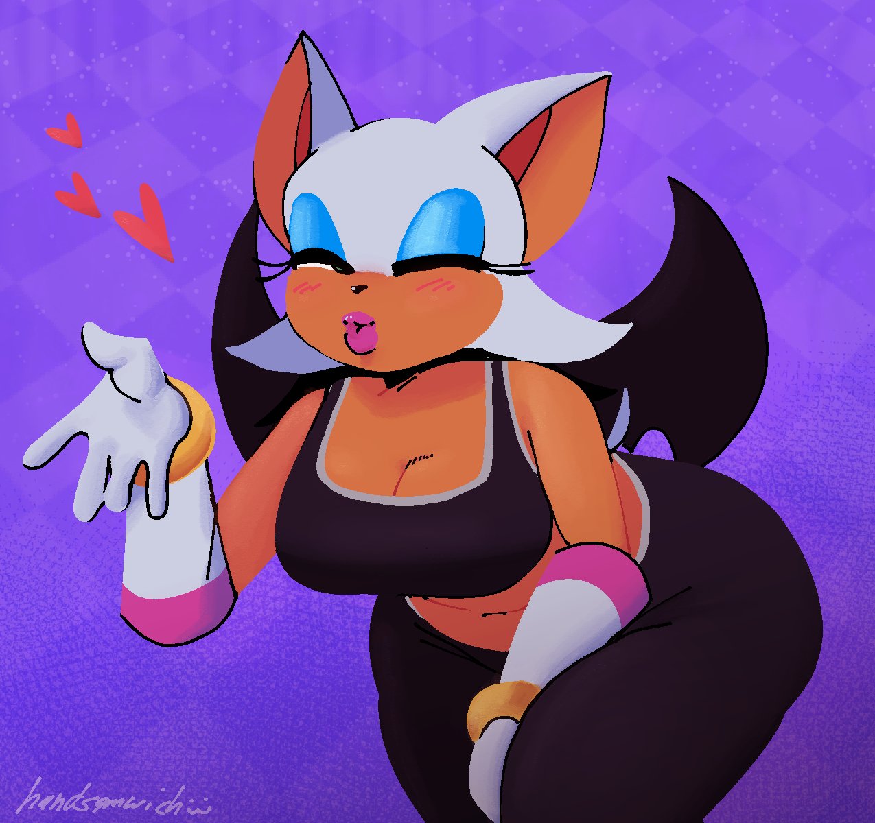 1girl alternate_costume animal_ears animal_nose anthro artist_name bare_shoulders bat_ears bat_girl bat_wings between_legs black_pants black_sports_bra black_wings blowing_kiss blue_background blue_eyeshadow blush bracelet breasts checkered_background cleavage closed_eyes clothing crop_top dark_skin elbow_gloves eyelashes eyeshadow female furry furry_female gloves hand_between_legs hand_up jewelry large_breasts leaning_forward lips lipstick makeup mammal midriff navel pants pink_lips puckered_lips purple_background rouge_the_bat simple_background solo sonic_the_hedgehog_(series) sports_bra standing tail thick_thighs white_fur white_gloves white_hair wide_hips wings