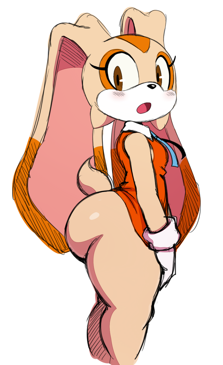 1girls, anthro, ass, big ass, big butt, big ears, blush, bottom heavy, bottomless, breasts, brown eyes, bubble ass, bubble butt, clothed, clothing, cream the rabbit, cute, digital media (artwork), dress, female, hi res, long ears, looking back, mammal, mobian (species), no underwear, rabbit, raised clothing, raised dress, sega, side view, simple background, small breasts, solo, sonic (series), sonic the hedgehog (series), sssonic2, standing, thick thighs, white background, young