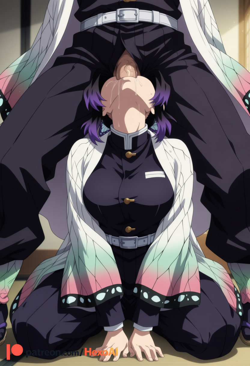 1boy 1girl ai_generated animal_print artist_name belt belt_buckle black_hair black_jacket black_pants breasts buckle bug bulge butterfly butterfly_hair_ornament butterfly_print demon_slayer demon_slayer_uniform fellatio food gradient_hair hair_ornament haori hetero hexogen holding_food implied_fellatio jacket japanese_clothes kimetsu_no_yaiba kneeling kochou_shinobu large_breasts long_hair long_sleeves medium_breasts multicolored_hair open_clothes oral pants parted_bangs penis_on_face pink_hair purple_hair saliva seiza sitting solo_focus sweat two-tone_hair uniform white_belt wide_sleeves
