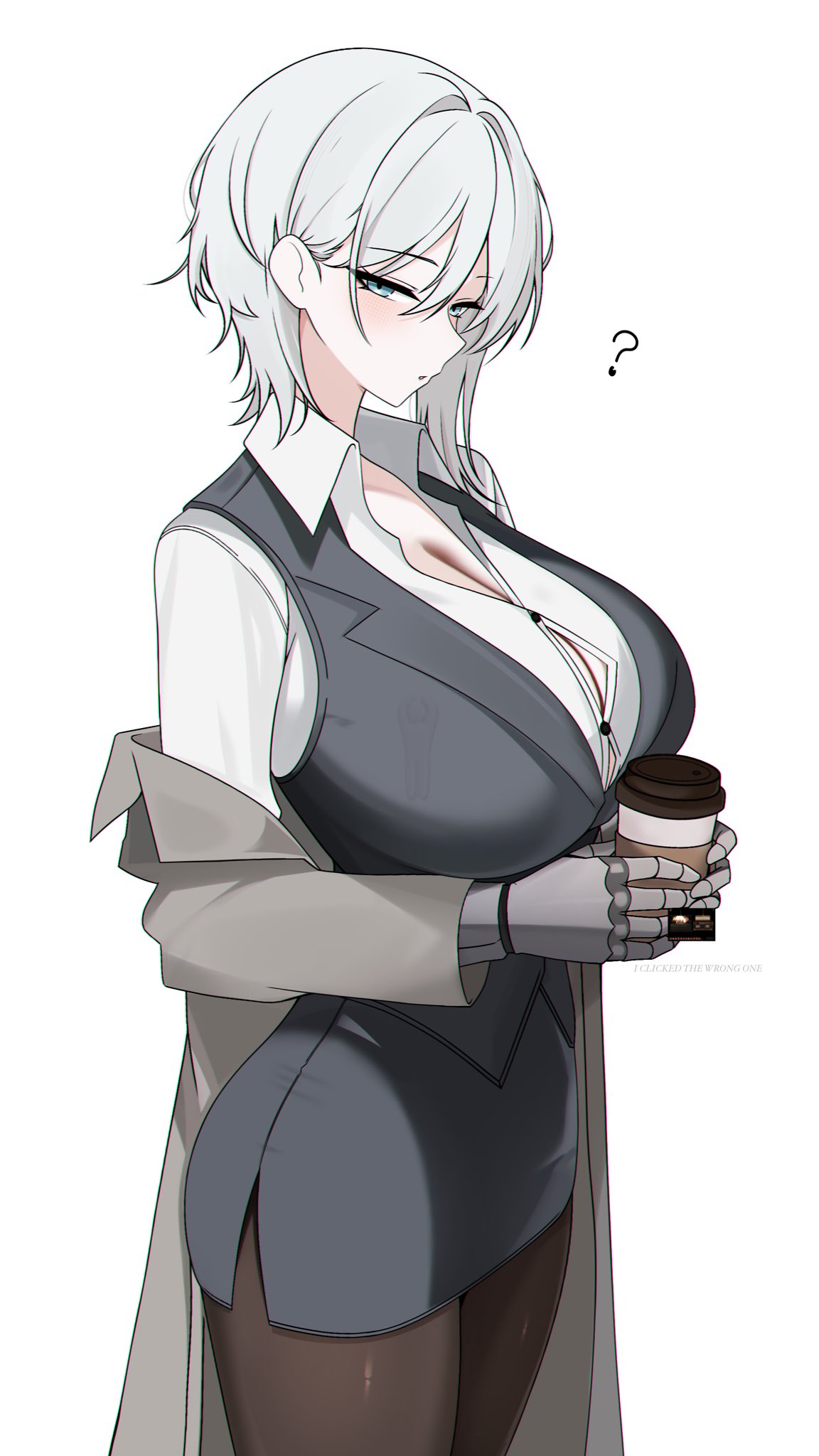 1girl, blue eyes, boob window, cleavage, cleavage window, clothed, clothes falling off, coffee, confused, confused look, faust (limbus company), female, female focus, female only, formal, formal clothes, formal wear, fully clothed, hair behind ear, holding coffee cup, holding object, large breasts, limbus company, looking at viewer, m ayonessa, meccha chameleon, project moon, question mark, short hair, stockings, white hair