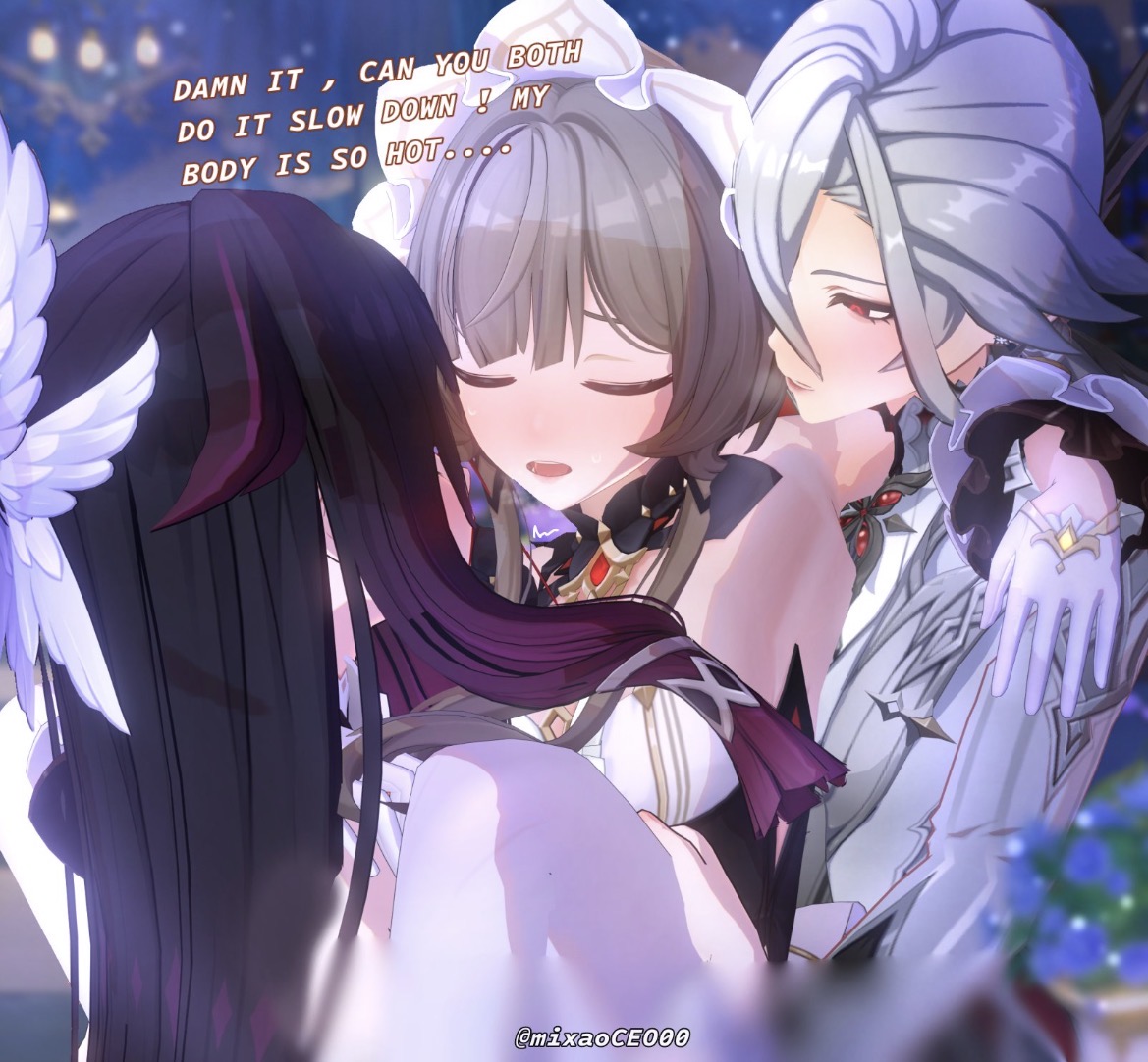 3d, 3d (artwork), arlecchino (genshin impact), bangs, black and white hair, brown hair, columbina (genshin impact), dominant female, double penetration, female/female/female, genshin impact, hair over one eye, lesbian, lesbian sex, lesbian threesome, long hair, purple hair, sandrone (genshin impact), sandwiched, submissive female, threesome, yuri