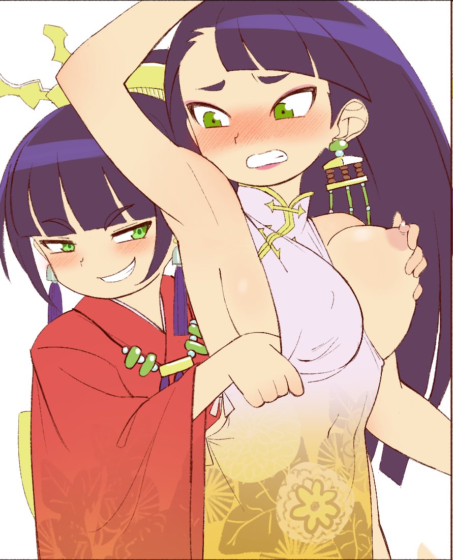 2girls, arm up, armpit, blush, brownish hare, china dress, chinese clothes, etrian odyssey, game, grabbing another's breast, grabbing from behind, groping, height difference, lipstick, long hair, makeup, napier, nipple tweak, sekaiju no meikyuu, sekaiju no meikyuu 3, sisters, sisters (lore), surprised, surprised expression, video game character, video games