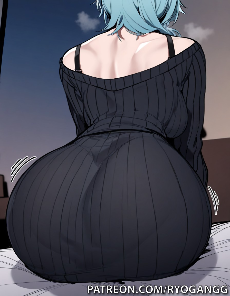 1female 1girl 1girls 2d 2d_(artwork) ai_generated amber_eyes ass_focus big_ass big_breasts black_clothing blue_hair eula_(genshin_impact) genshin_impact hair_accessory high_resolution highres hoyoverse light-skinned_female light_skin patreon patreon_username ryogangg