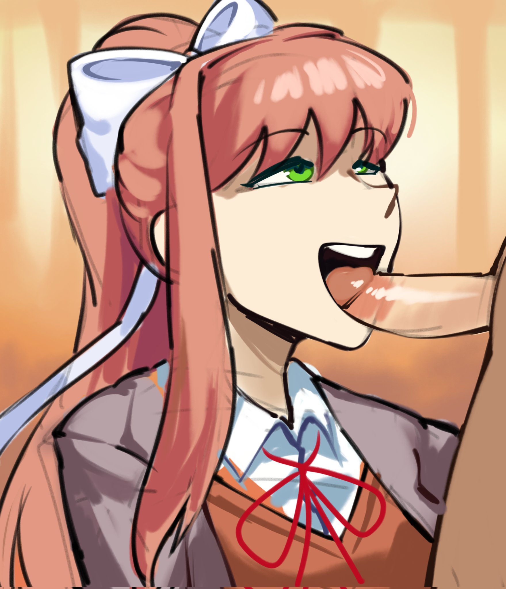 assertive female, doki doki literature club, fully clothed, imminent oral, looking at another, monika (doki doki literature club), oral, penis in mouth, smile, triplestabber