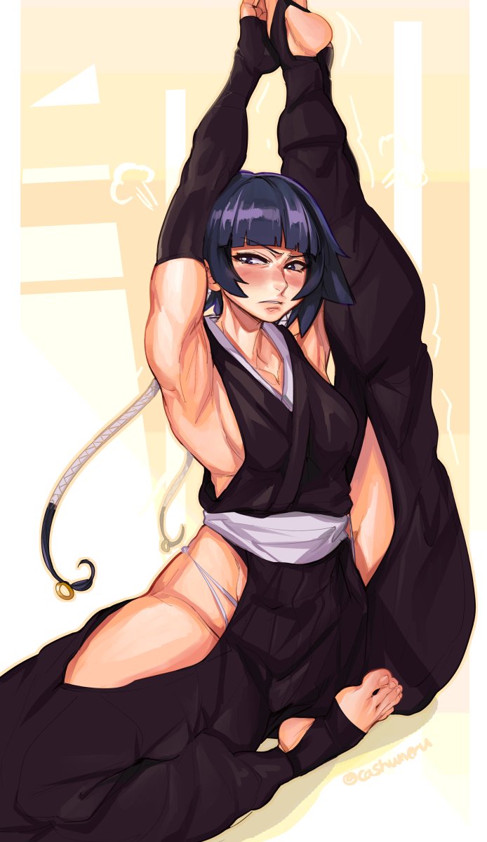 1girls, angry, armpits, arms up, artist name, bangs, barefoot, black hair, bleach, blunt bangs, blush, breasts, cashumeru, clothing, eyebrows visible through hair, feet, female, female only, flexible, fully clothed, gloves, groin, hip vent, japanese clothes, leg up, legs up, long hair, looking at viewer, muscles, muscular, muscular female, nail polish, nose blush, one leg up, parted lips, short hair, sideboob, signature, simple background, sitting, sleeveless, small breasts, soifon, solo, spread legs, stirrup legwear, stretching, sui-feng, tagme, thick thighs, thighs, thong straps, toeless legwear, toes