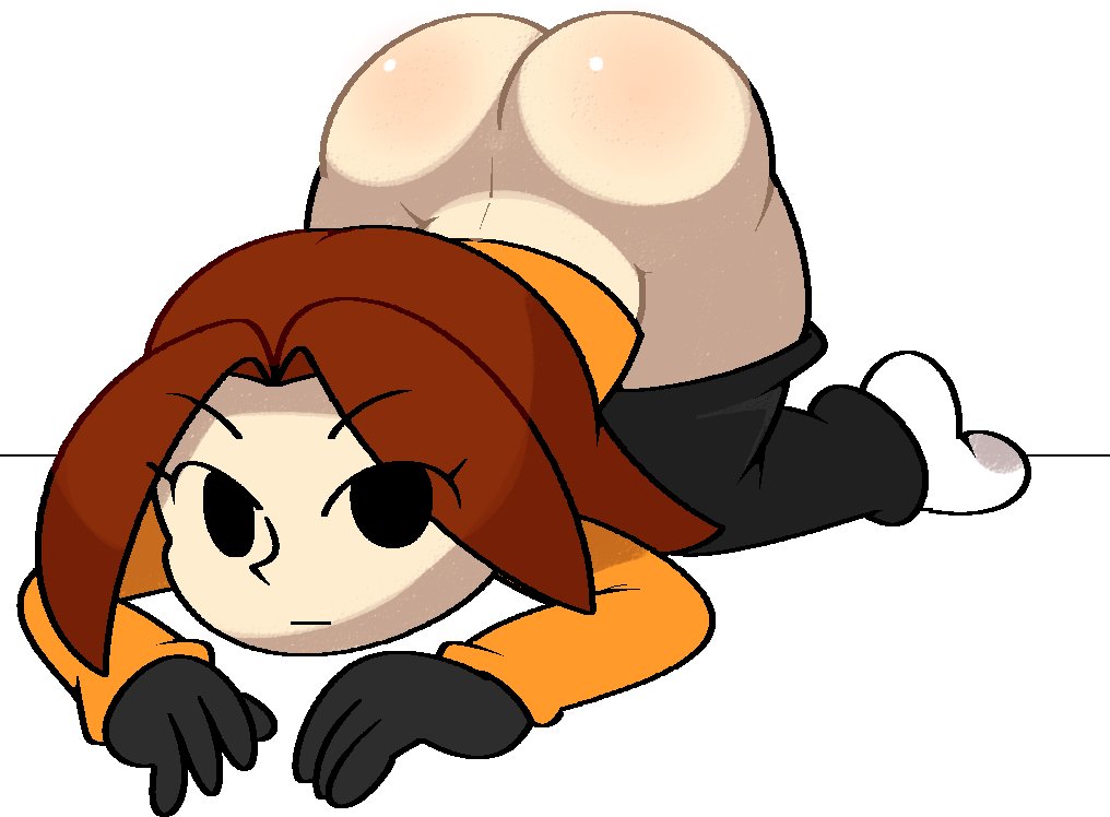 1girls, ass, ass up, big ass, black gloves, black pants, expressionless, face down ass up, female, huge ass, looking at viewer, mii, mii gunner, mii gunner (smash 4), mob face, nintendo, orange shirt, pants down, shortstack, simple background, socks, super smash bros., super smash bros. for nintendo 3ds and wii u, super smash bros. ultimate, thick thighs, vilepluff, white background, white body