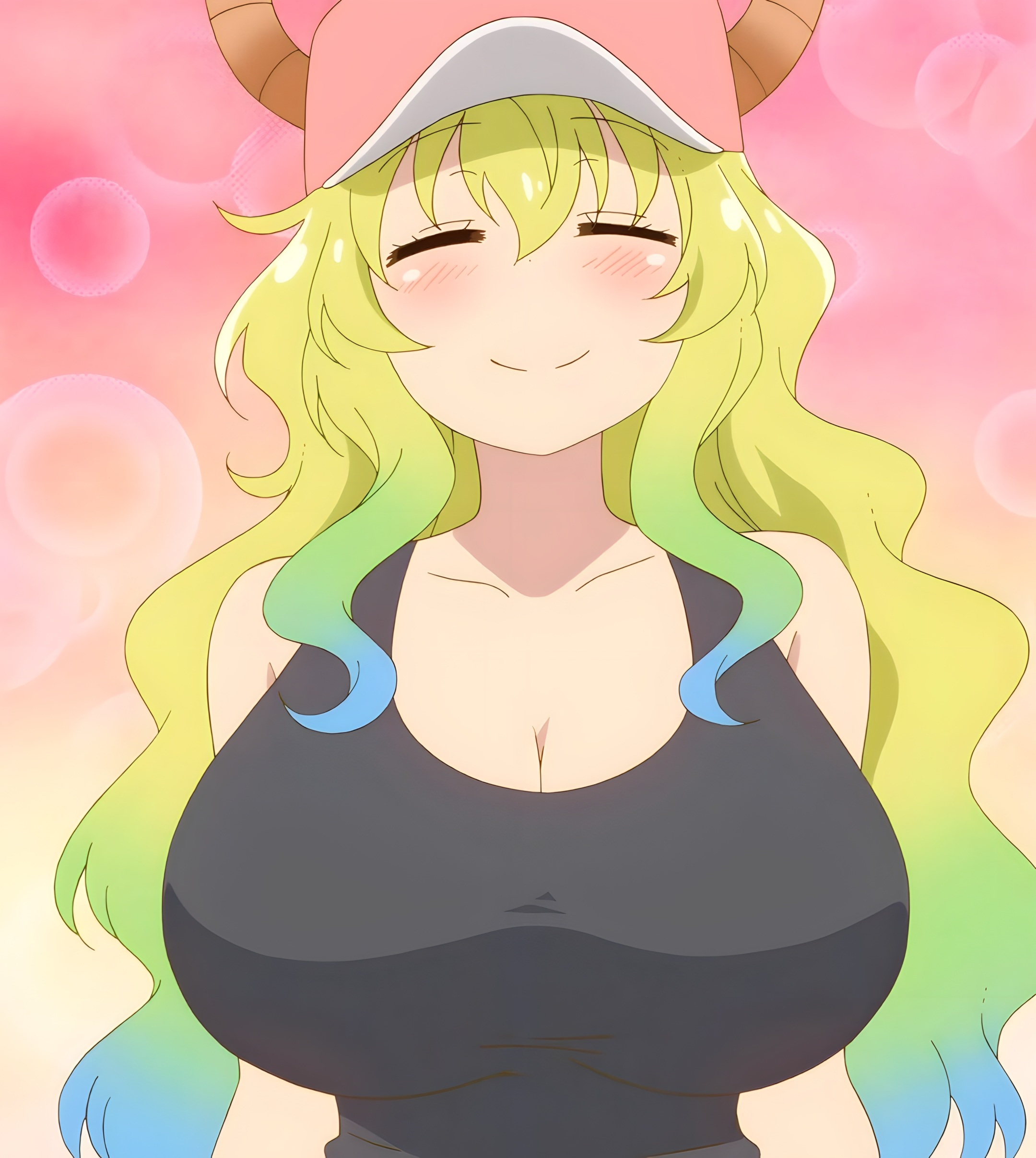 anime, anime screencap, antlers, big breasts, black tank top, blonde hair, blonde hair female, closed eyes, closed mouth, female, female focus, female only, hat, large breasts, long hair, long hair female, lucoa, lucoa (maidragon), miss kobayashi's dragon maid, smile, smiling, solo, solo female, solo focus, stitched, tank top