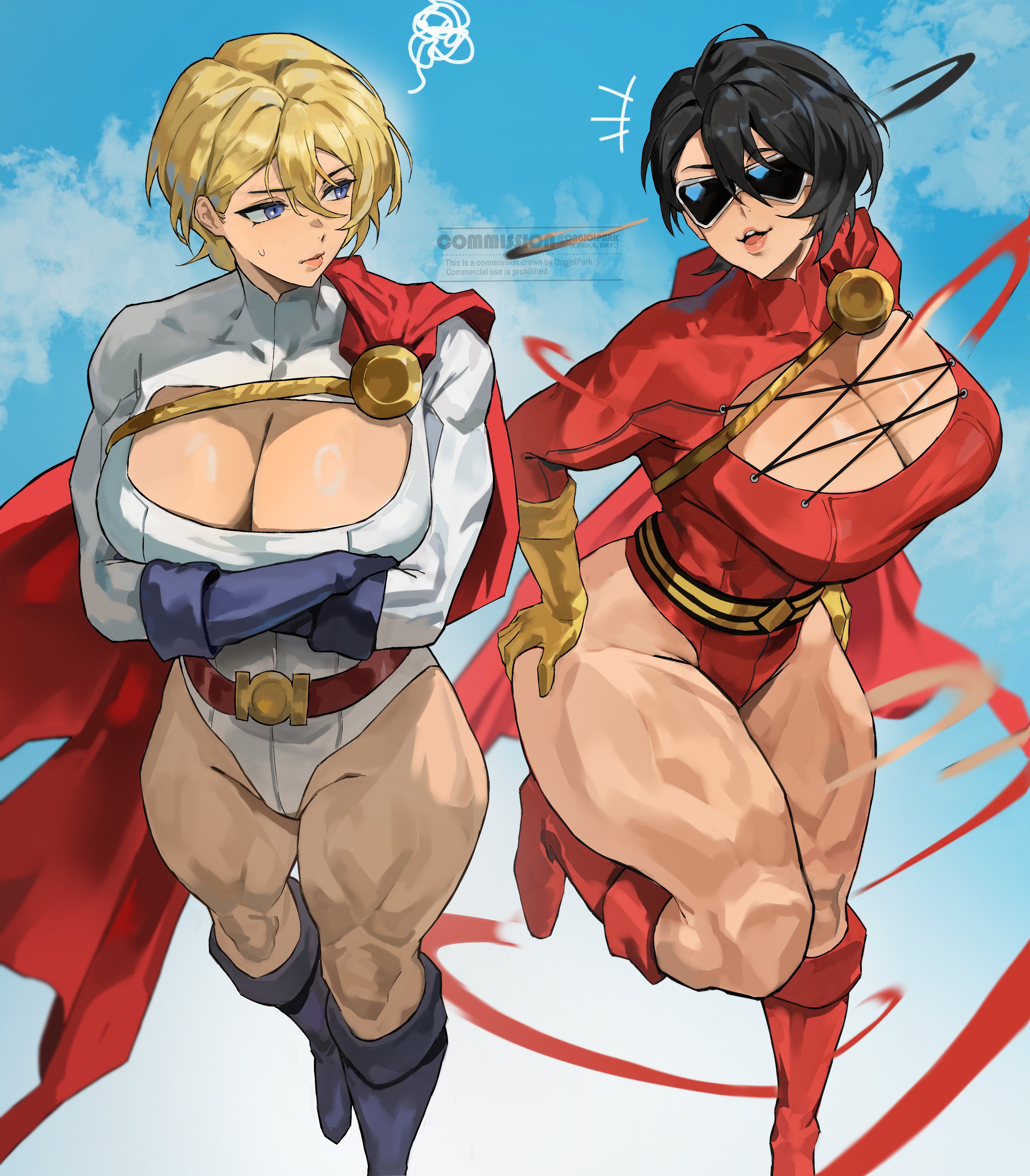2girls, breasts, cape, dc comics, female, female focus, female only, impersonation, karen starr, large breasts, light skin, light-skinned female, ongjolpark, plastic man, power girl, rule 63, shapeshifter, superheroine, superman (series), thick thighs, thighs, wide hips