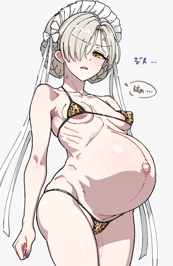 1girls anger_vein animal_print areola_slip azur_lane big_belly blonde_hair blush bow breasts collarbone covered_nipples cowboy_shot hair_over_one_eye hip_bones large_areola leopard_print leopard_print_bikini looking_at_viewer looking_down maid_headdress micro_bikini mitsuame_miiro navel one_eye_covered outie_navel parted_lips pregnant pussy_juice ribs sheffield_(azur_lane) simple_background small_breasts solo standing swimsuit thighs white_background white_bow yellow_eyes