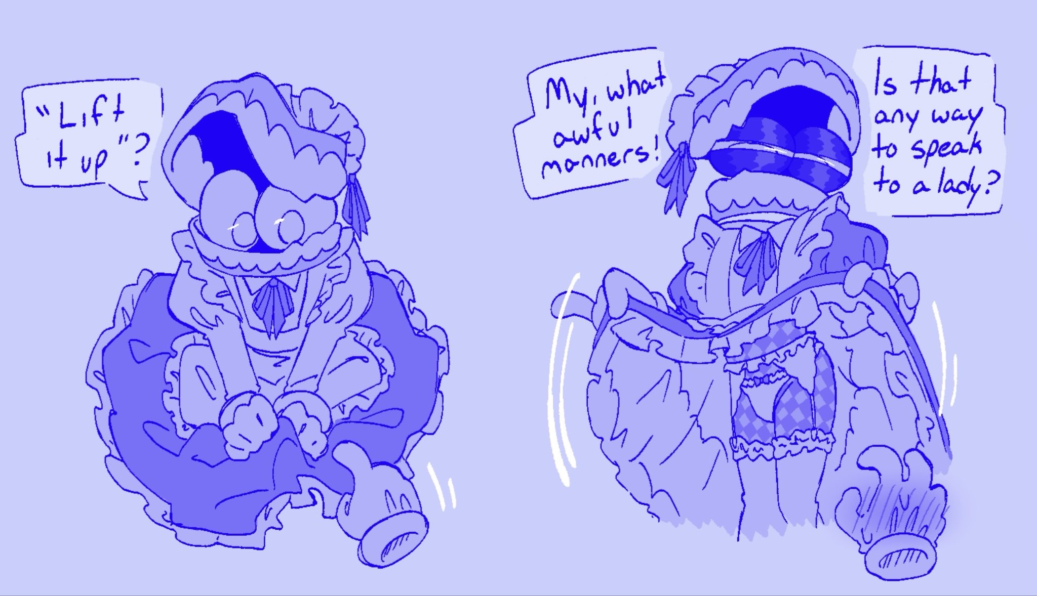 caine (the amazing digital circus), clothed, dialogue, dress, maid, panties, provocative, the amazing digital circus, thighs