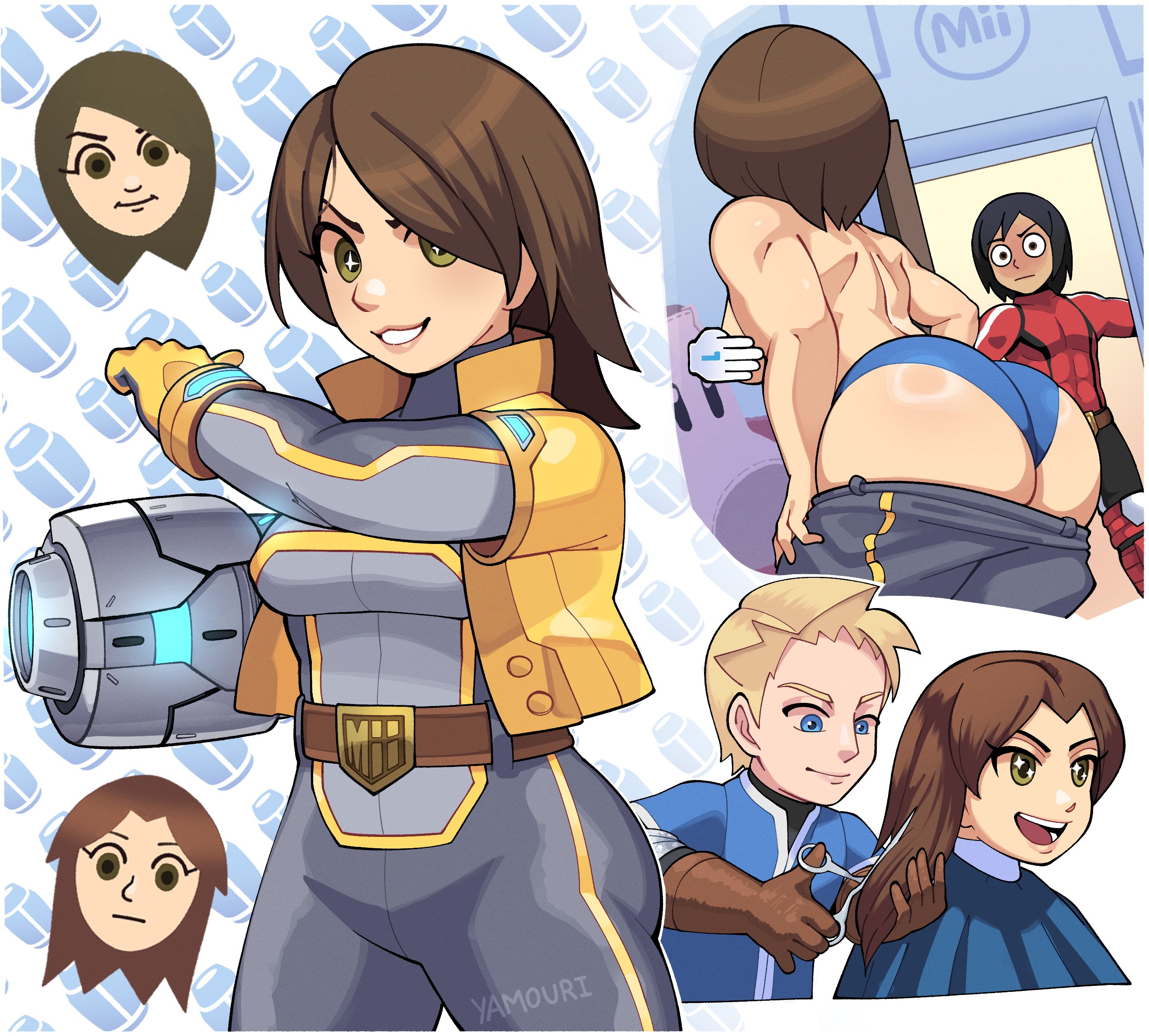 1girls, 2boys, blue panties, braless, caught, censored, chibi, cutting hair, green eyes, jumpsuit around waist, jumpsuit down, large ass, mii, mii brawler, mii gunner, mii gunner (smash 4), mii gunner (smash ultimate), mii swordfighter, mob face, panties, super smash bros., topless, undressing, yamouri